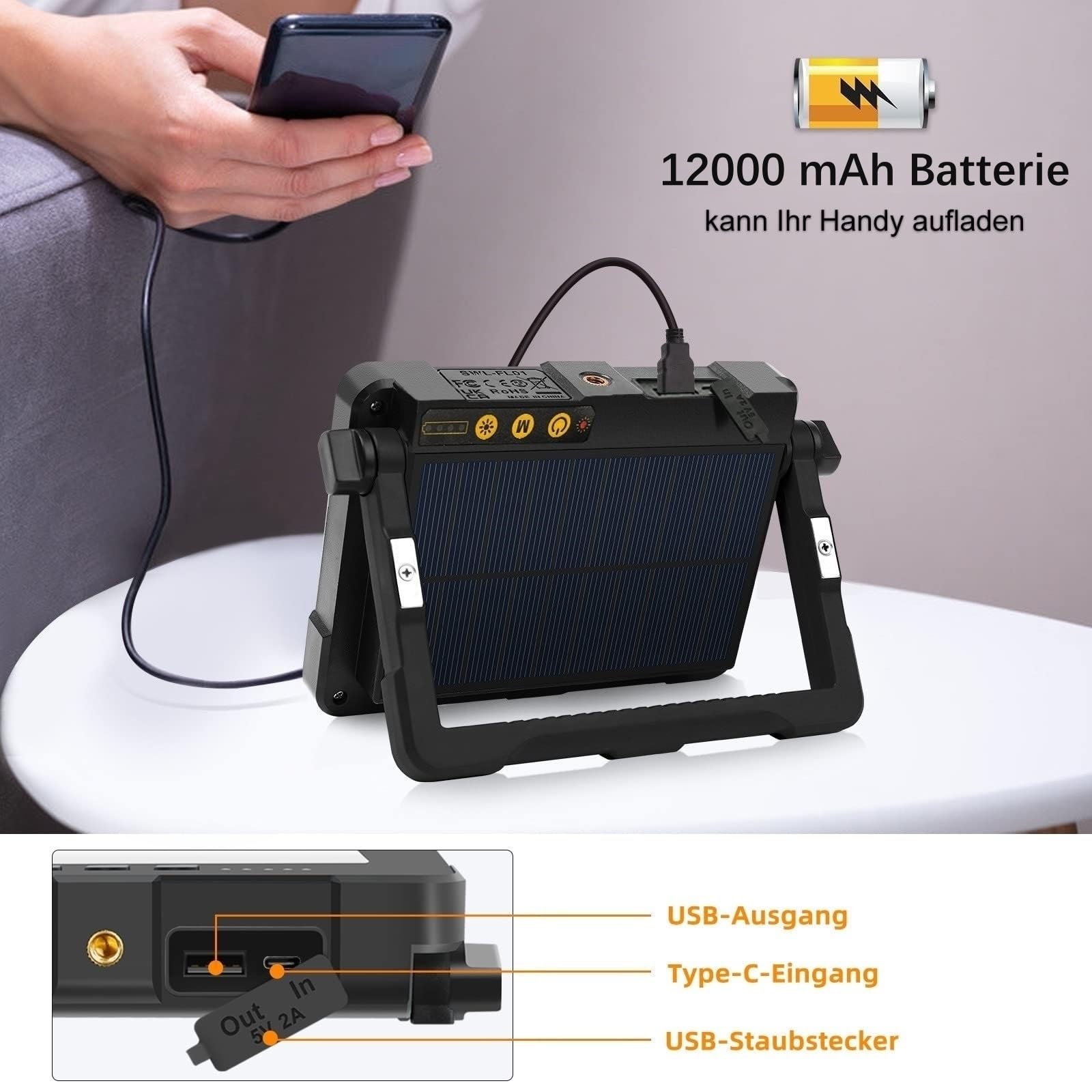 MEIKEE Reflektor budowlany LED 80W, lampa robocza LED 12000mAh, reflektor akumulatorowy, 4 tryby świecenia, lampa kempingowa, przenośna, 5 poziomów jasności, ładowanie solarne i USB, lampa