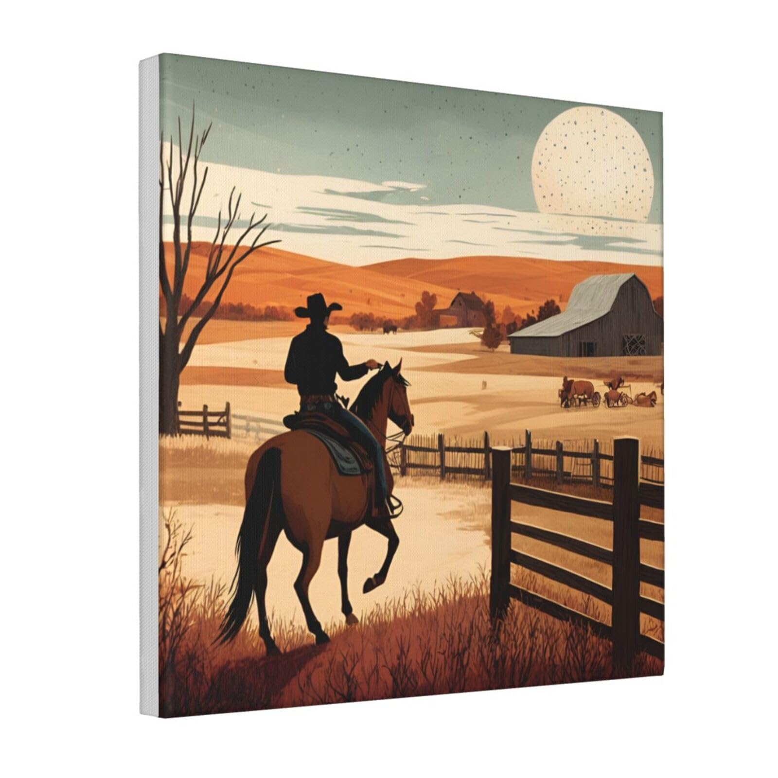 X psblty Retro Cowboy Western Country Farm Framed Canvas Wall Art Square Canvas Print Modern Home Decor Painting for Living Room Bedroom Office