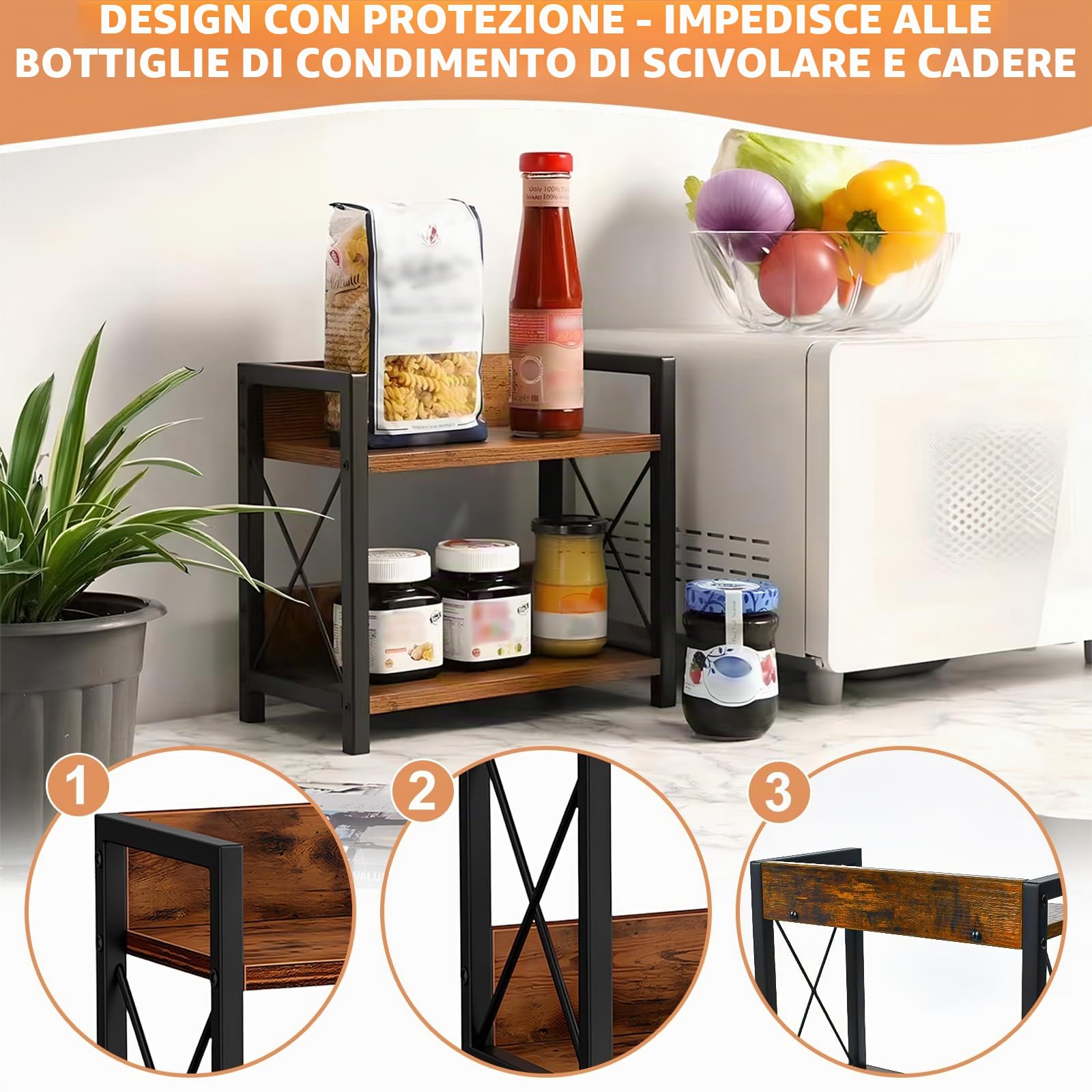 Scaffale Salvaspazio Cucina a 2 Ripiani,Scaffale da Appoggio a Metallo e Legno,Mensola Cucina Salvaspazio,Supporto Porta Spezie da Appoggio a 2 Livelli per Sala da Pranzo, Ufficio