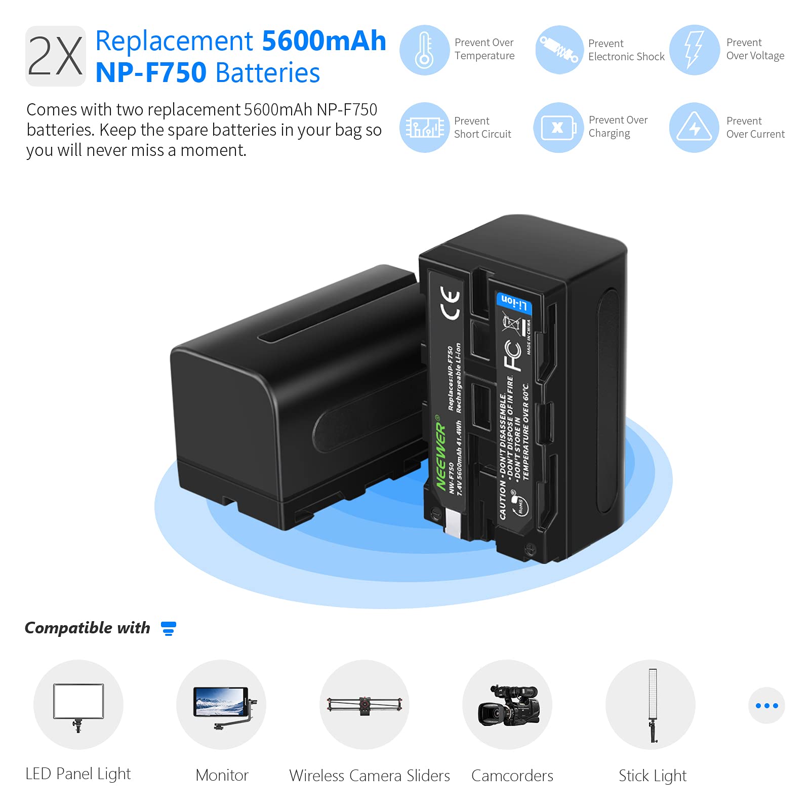 Neewer 2pz Batteria a Litio Sostitutiva NP-F750 5600mAh con Caricabatterie Doppio, Compatibili con Sony NP-F970 NP-F960 NP-F950 NP-F930 NP-F770 NP-F750 NP-F570 NP-F550 & Sony Handycam