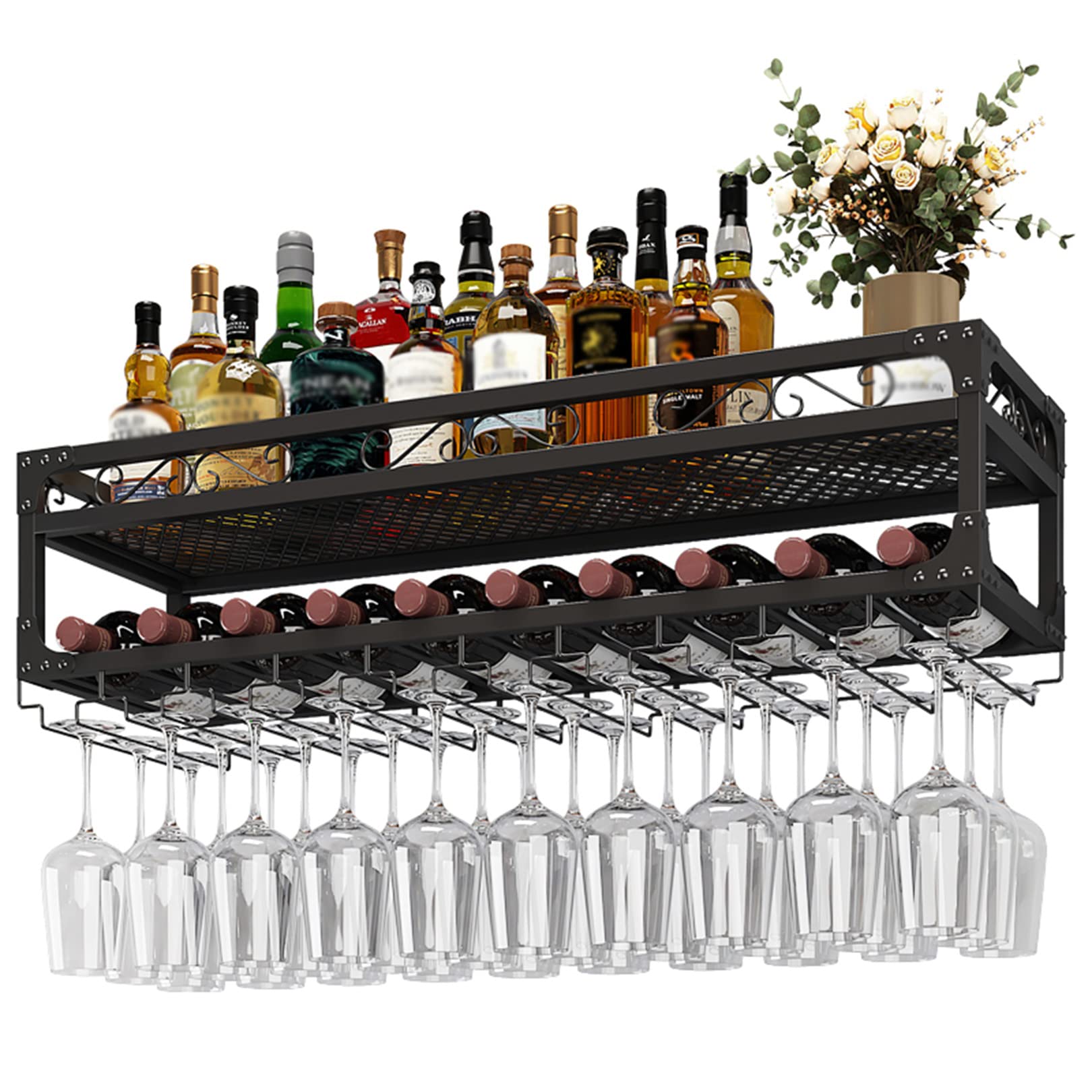 Étagère murale porte-bouteille avec support de verre à vin suspendu en métal 60-120cm