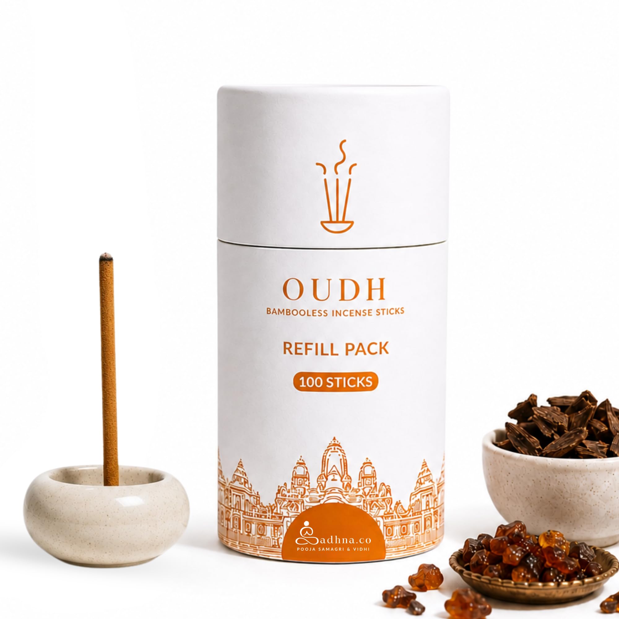 Sadhna.co Oudh (Agarwood) Bambooless Incense Sticks Refill for Home & Pooja (100 Sticks) | Premium Natural Oud Agarbatti | Chemical-Free Smokeless Dhoop Sticks for Meditation & Evening Rituals.