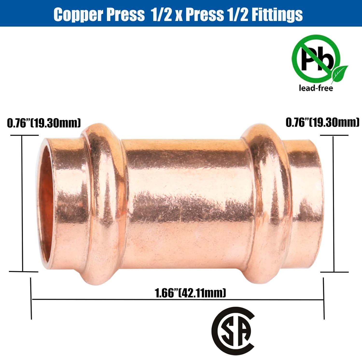WHK 12 Packs Copper Pro Press 1/2" Press x 1/2" Copper coupling Adater Fittings Connect Cooper Pipe (Lead-Free,No Stop)
