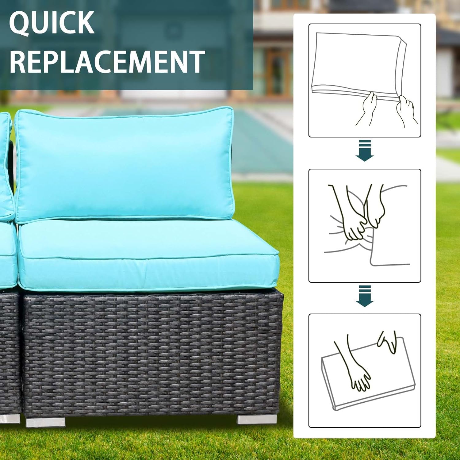 4 Pcs Patio Cushion Covers Replacement,Outdoor Patio Seat Cushion Covers Furniture Sofa Covers,Waterproof Back Cushion Slipcovers Washable Pillow Cover with Zipper(25×25×3.15 inches,Cyan)