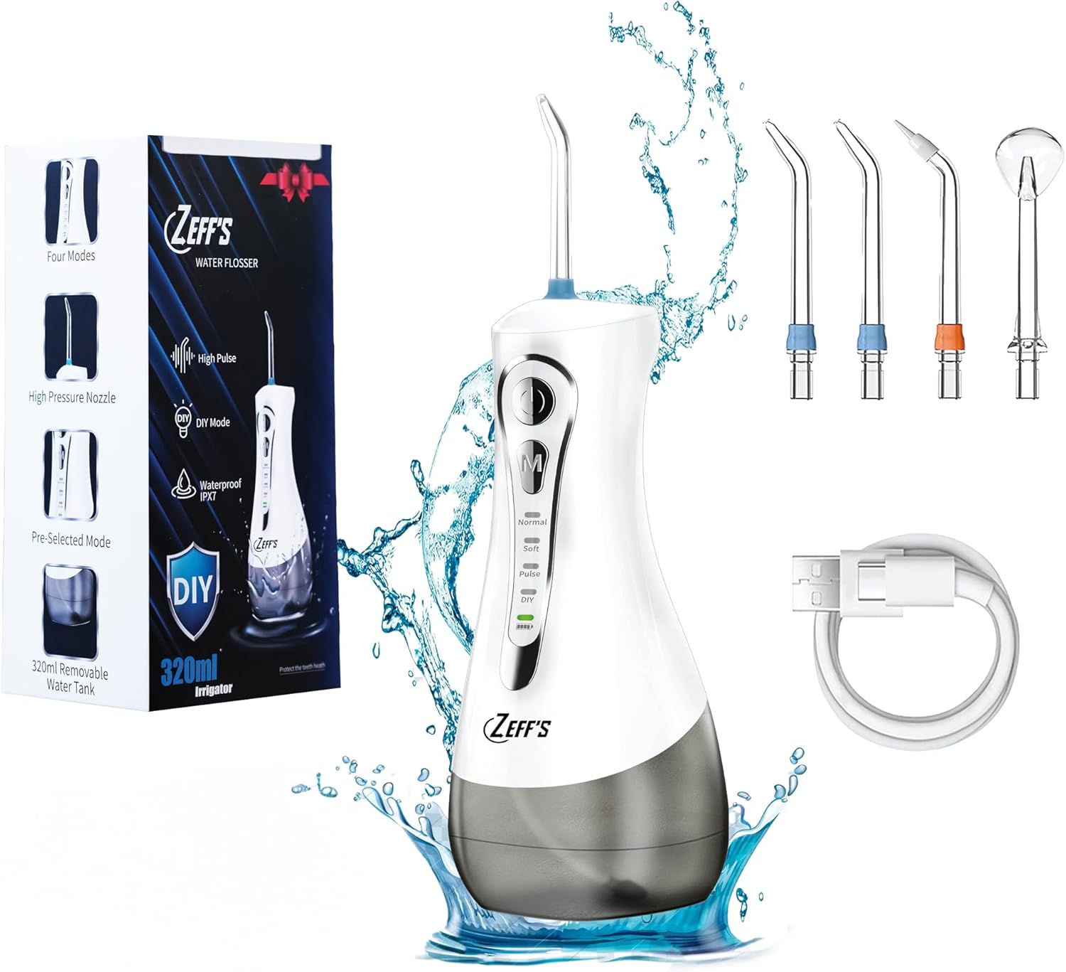 Zeff's Dental Water Flosser for Teeth Cleaning – 320ml Detachable Tank, IPX7 Waterproof, Rechargeable Battery, 360° Nozzle, Portable Oral Irrigator with 5 Tips & Travel Bag