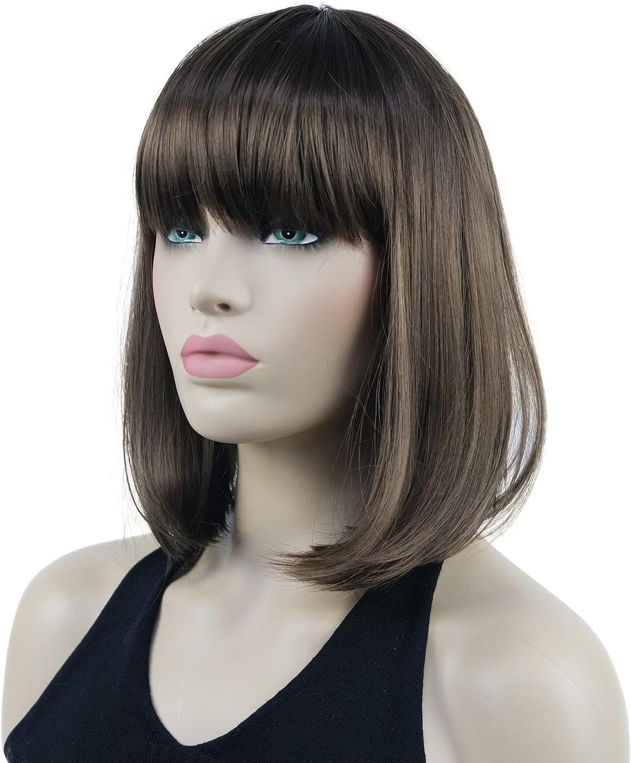 Lydell 10" Short Straight Bob Hair Wigs with Bangs Synthetic Hair Cute Wigs (10 Medium Golden Brown) - Image 5