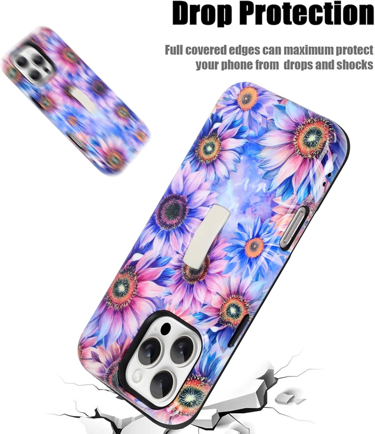 Compatible with iPhone 16 Pro Case, Cute Glossy Sunflower Design, Built in Adjustable Wrist Strap Grip Hand Holder Stand Kickstand Shockproof Hard Cover (Purple)