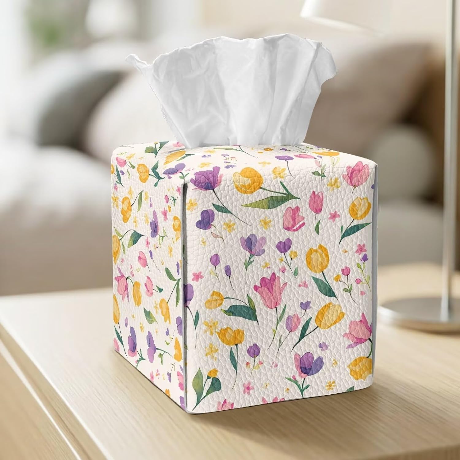 DIY Self-Assembly Tissue Box Cover with Delicate Tulip Print, PU Leather Waterproof Tissue Case, Compact and Decorative for Bathroom Bedroom image 5