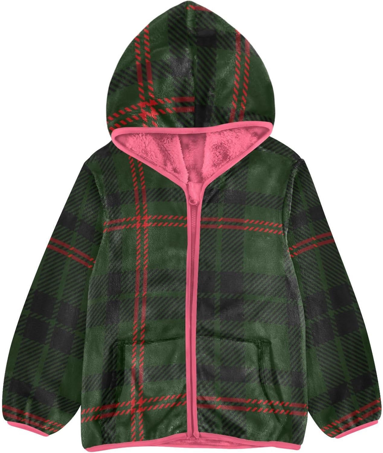 GuoChe Black Green Red Plaid Baby Girl Fleece Jacket