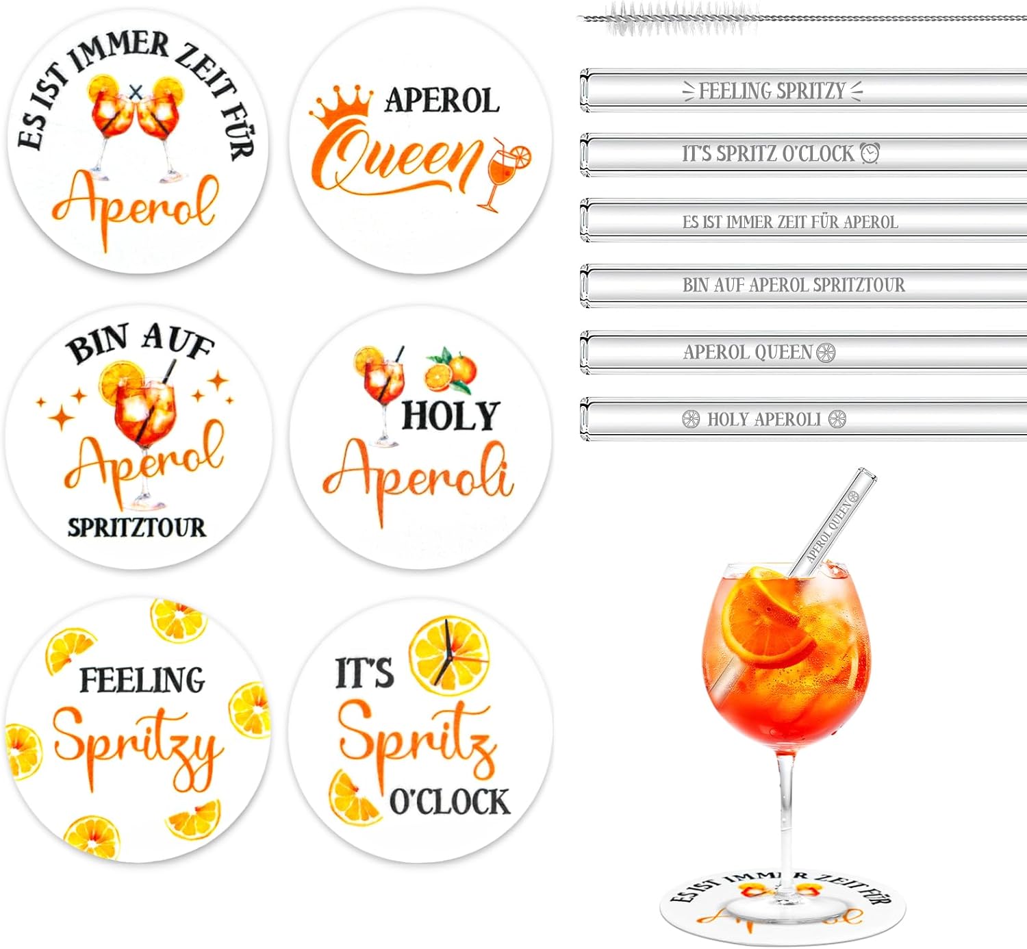 TUZELIYA Funny Aperol Gift Including 6 Aperol Felt Coasters 6 Aperol Glass Straws 1 Straw Cleaning Brush - Aperol Spritz Gift Set for Friends Colleagues Aperol Lovers