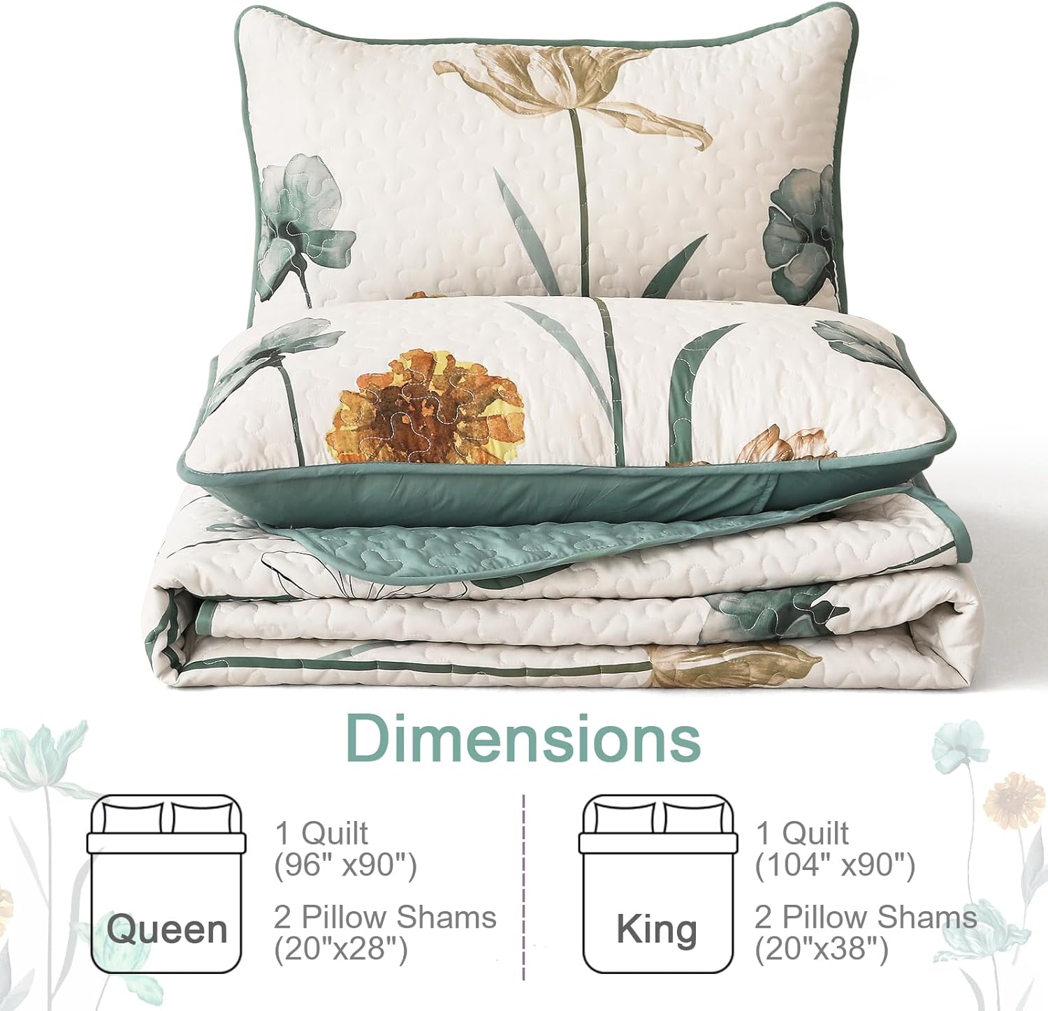 WONGS BEDDING Floral Quilt Set Queen,Green Yellow Floral Botanical Bedspread Bedding Set with 2 Pillowcase,Lightweight Spring Farmhouse Coverlet Set for All Season (96"x90") - Image 7