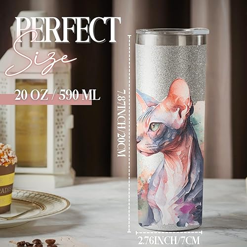 Miniatura 4 de Onebttl Sphynx - Vaso para gatos, regalo para gatos sin pelo, vaso delgado de acero inoxidable de 20 onzas con popote, tapa y caja de regalo