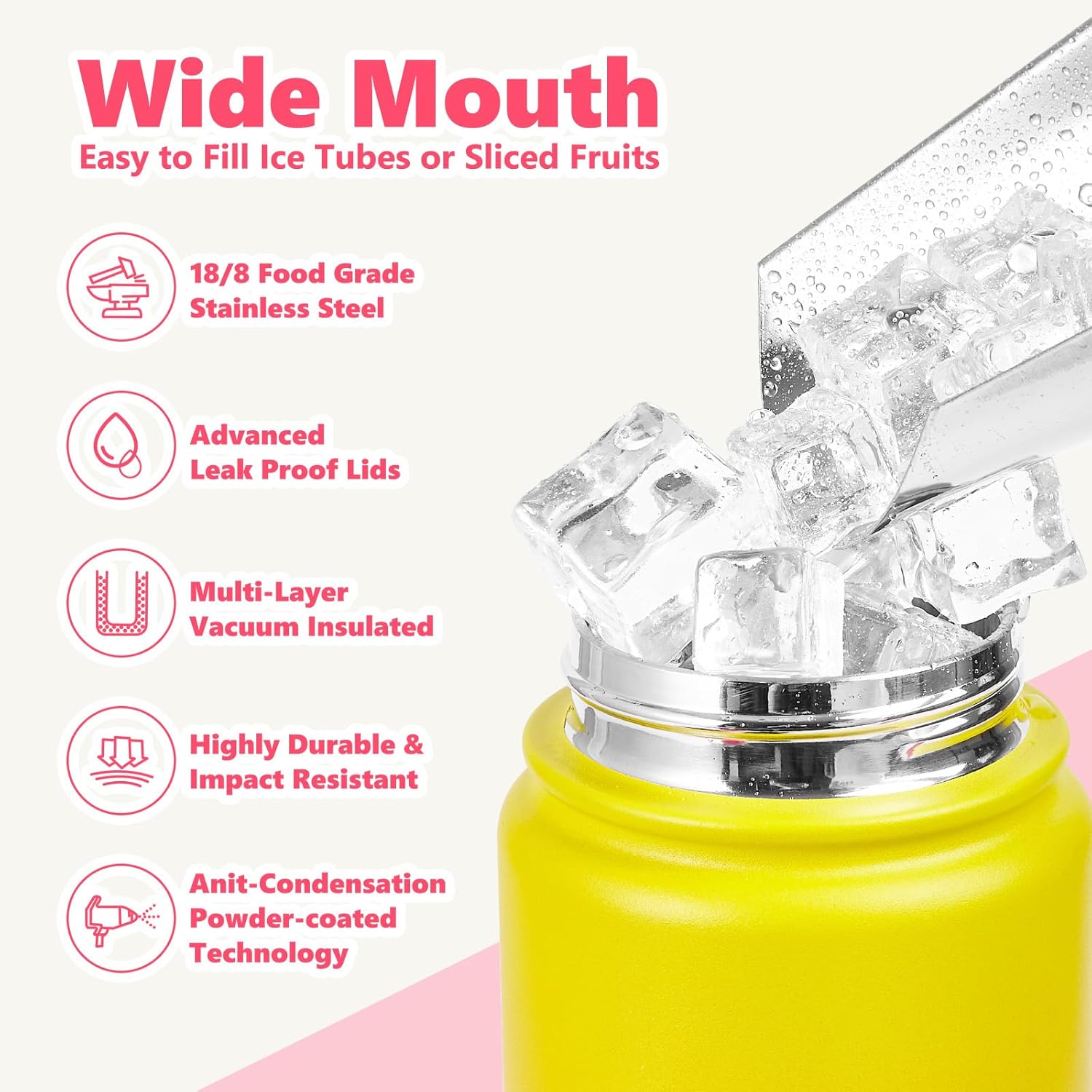 Insulated Water Bottle with Lid & Boot & Stickers, 24 oz Stainless Steel Sweat Free Bottle Keep Cold 24H, BPA-Free Sports Wide Mouth Water Bottle, YellowRed - Image 5