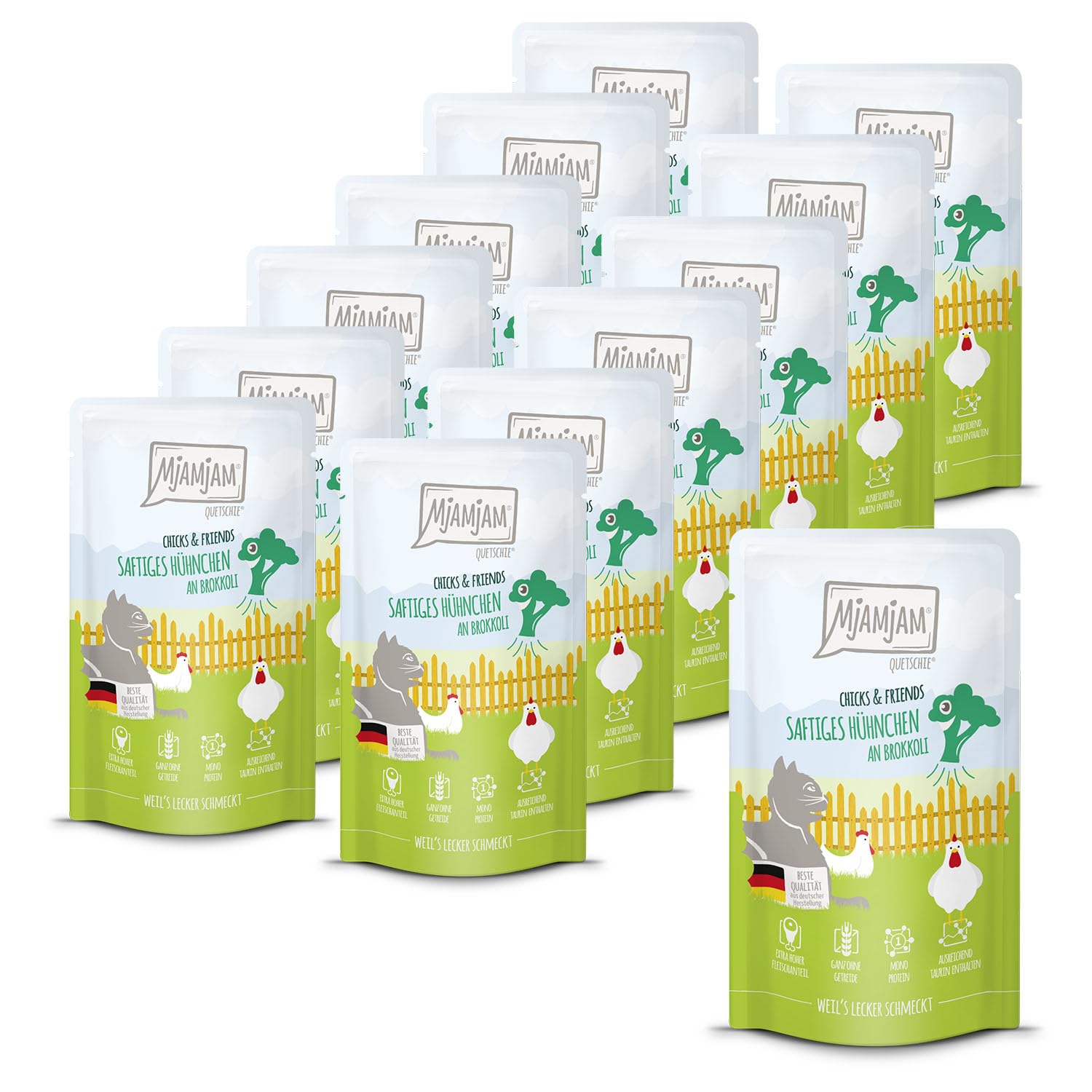 MjAMjAM - Premium wet food for cats - Quetschie - Chicks & Friends juicy chicken with broccoli,12 pack (12 x 125g), grain-free