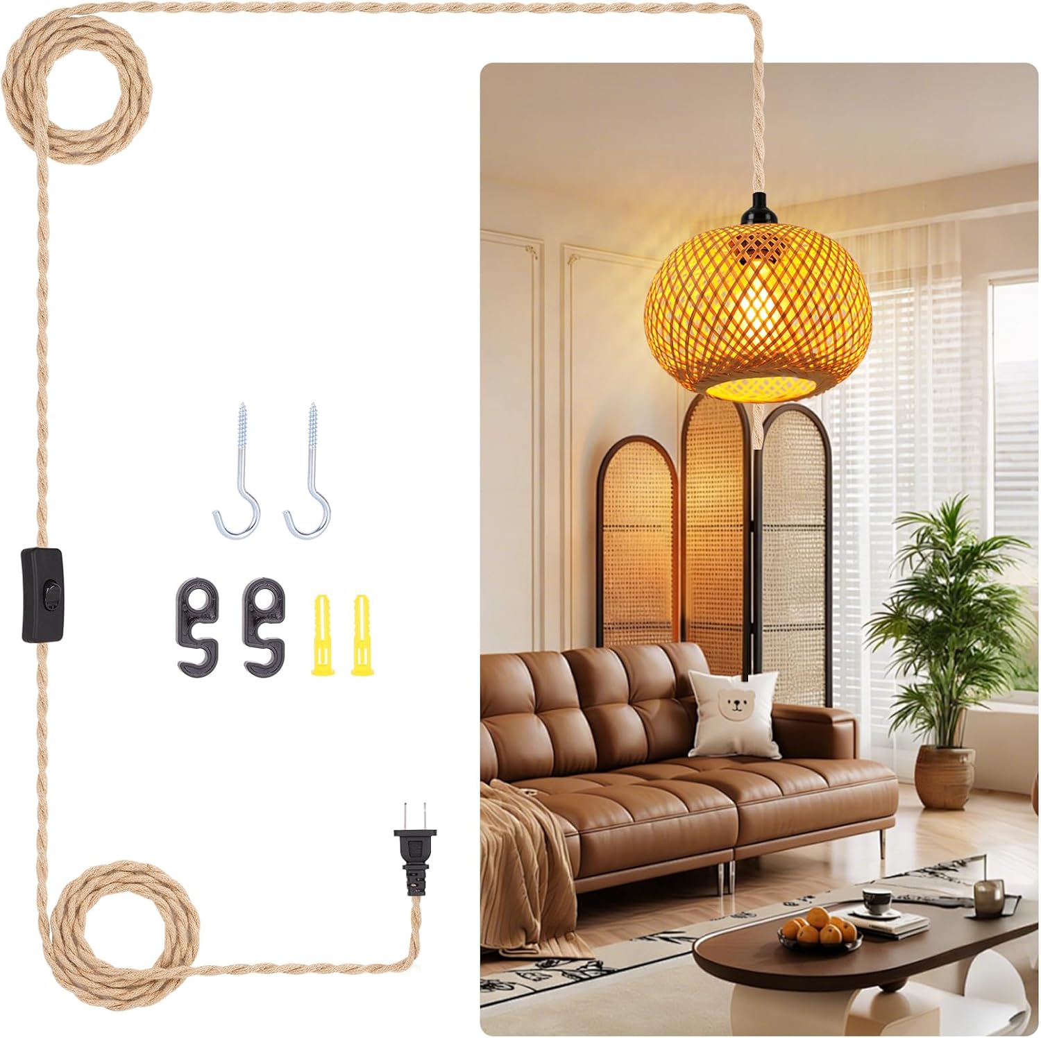 FRIDEKO HOME Hanging Lamps Hanging Light 15ft Plug in Pendant Light - Pendant Light with On Off Switch Plug in Cord Pendant Light Fixture E26 E27 Light SocketCord for Bedroom (4-Single Layer Shade)