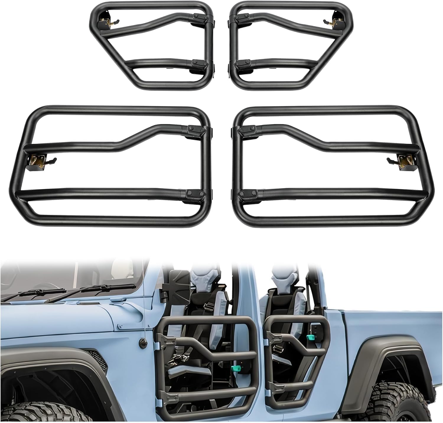 KUAFU Tubular Half Doors Compatible with 2020-2024 Jeep Gladiator 2018-2024 Jeep Wrangler JL 4-Doors, Set of 4 Front & Rear Tube Half Doors Black Powder Coated Steel