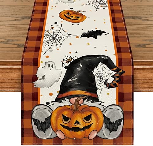 Artoid Mode Camino de mesa de Halloween, gnomo, murciélago, calabaza, fantasma, naranja, búfalo, búfalo, decoración de mesa de comedor para fiesta