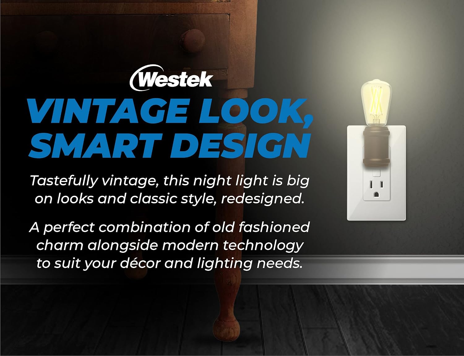 Westek LED Vintage Night Light (Bronze), 2 Pack - Edison-Style Plug in Wall Night Light, Dusk to Dawn - Old-Fashioned Design, Decorative Night Lights - Plastic Casing, 8 Lumens