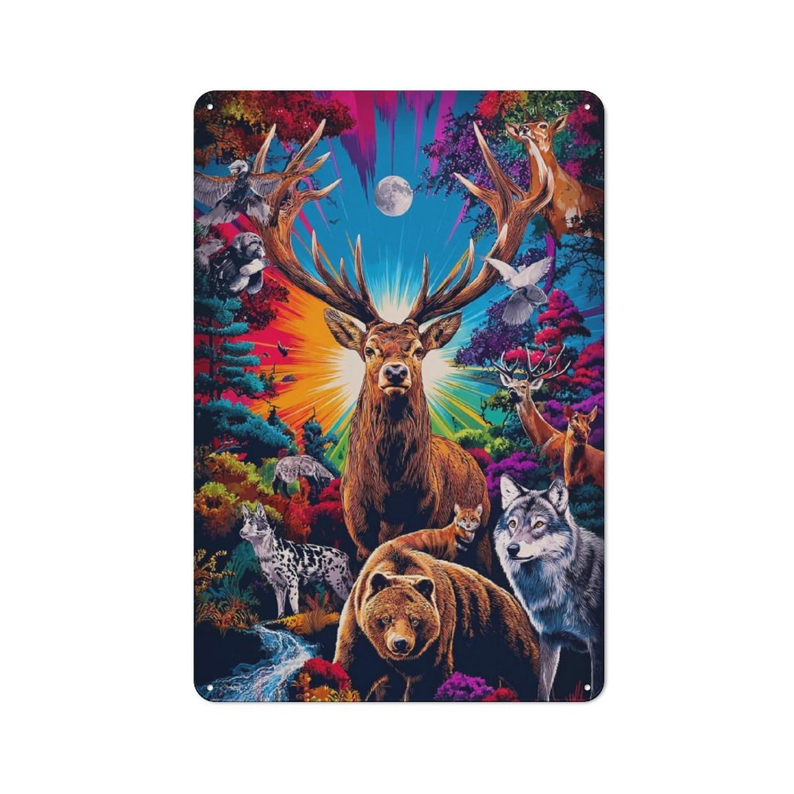 Junmoney Enchanted Forest Wildlife Gathering Loft Style Metal Wall Decor 30X20cm, Decorative Metal Plaque For Loft, Studio, Office Or Creative Room