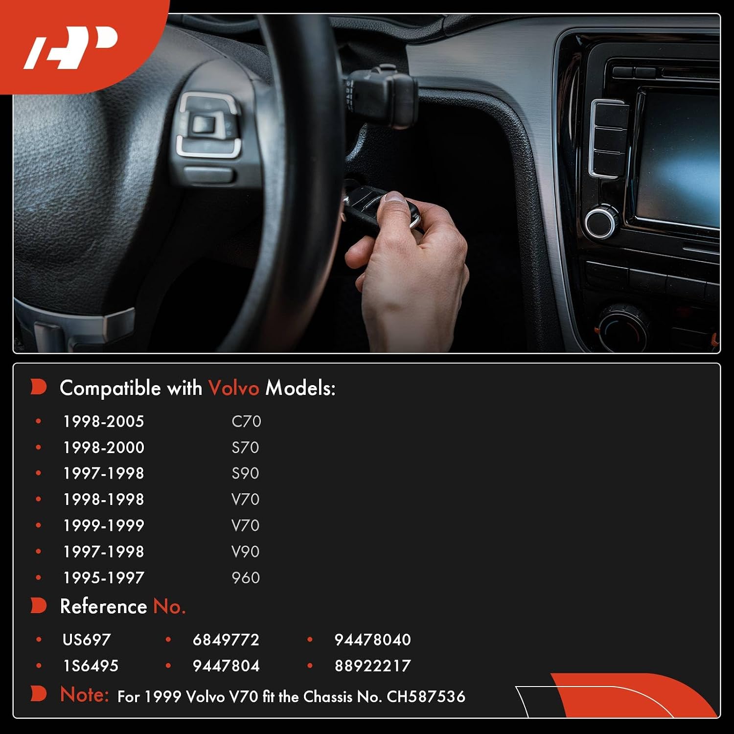 A-Premium Ignition Starter Switch Compatible with Volvo Vehicles - C70 1998-2005, S90 1997-1998, S70 1998-2000, V70 1998-1999, V90 1997-1998, 960 1995-1997 - 9 Blades, Replace# 94478040, 88922217