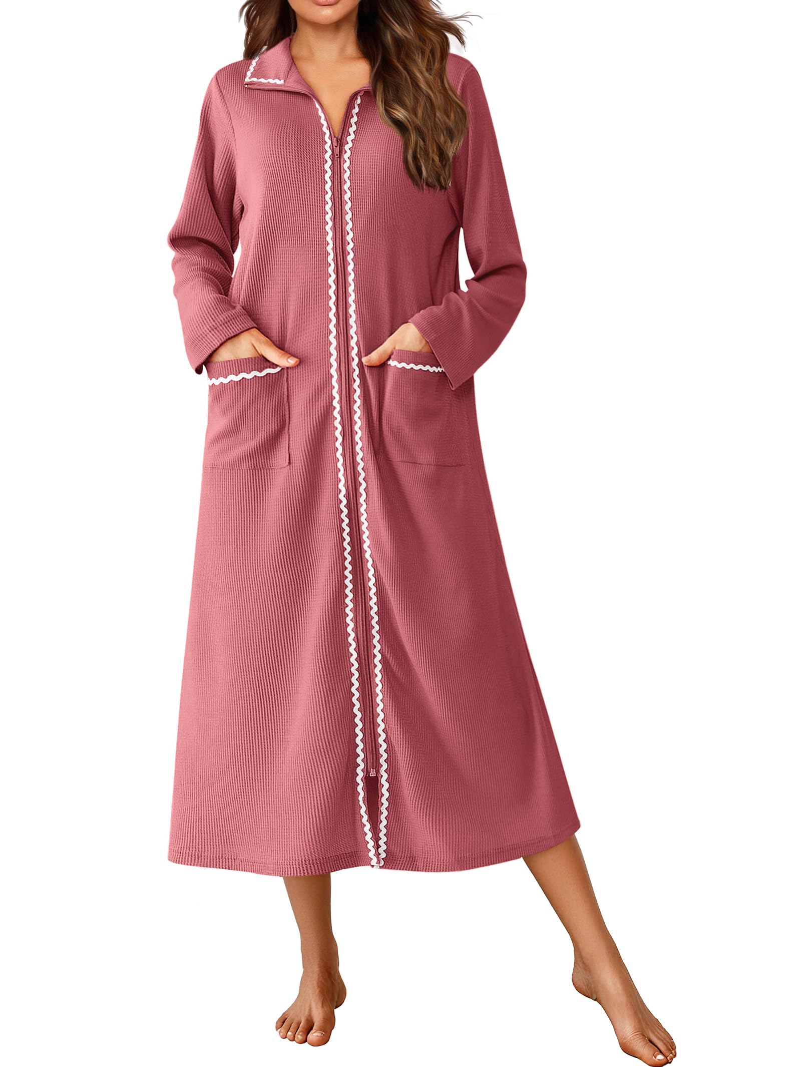 Ekouaer Zipper Robes for Women Long Waffle Knit Bathrobe Lightweight Long Sleeves Robe Soft Sleepwear with Pockets S-XXL