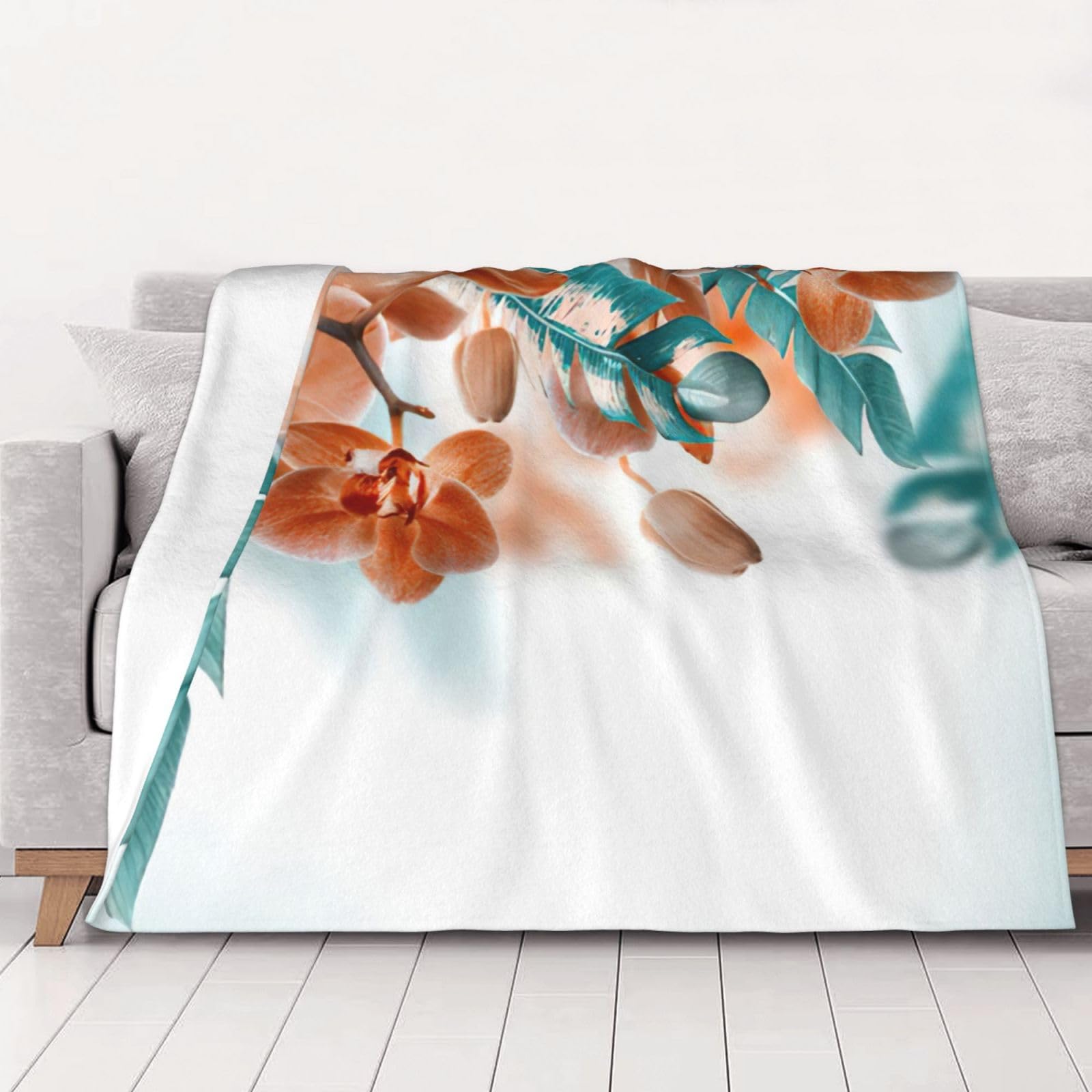 Couverture en flanelle imprimé orchidée bleu sarcelle et orange pour lit