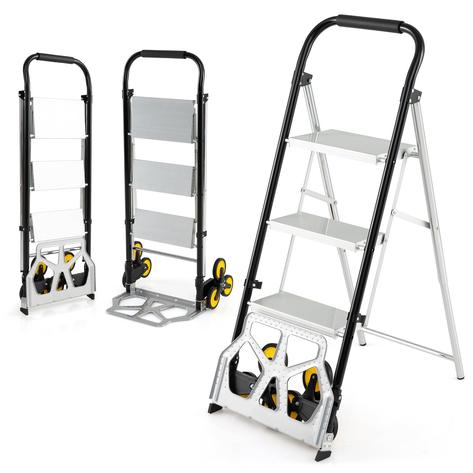 COSTWAY 2 en 1 Carretilla Plegable, Escaleras Plegables Aluminio de 3 Peldaños, Pedales Antideslizantes, Carretilla de Carga con Ruedas de Goma para Subir Escaleras, Carga 250kg