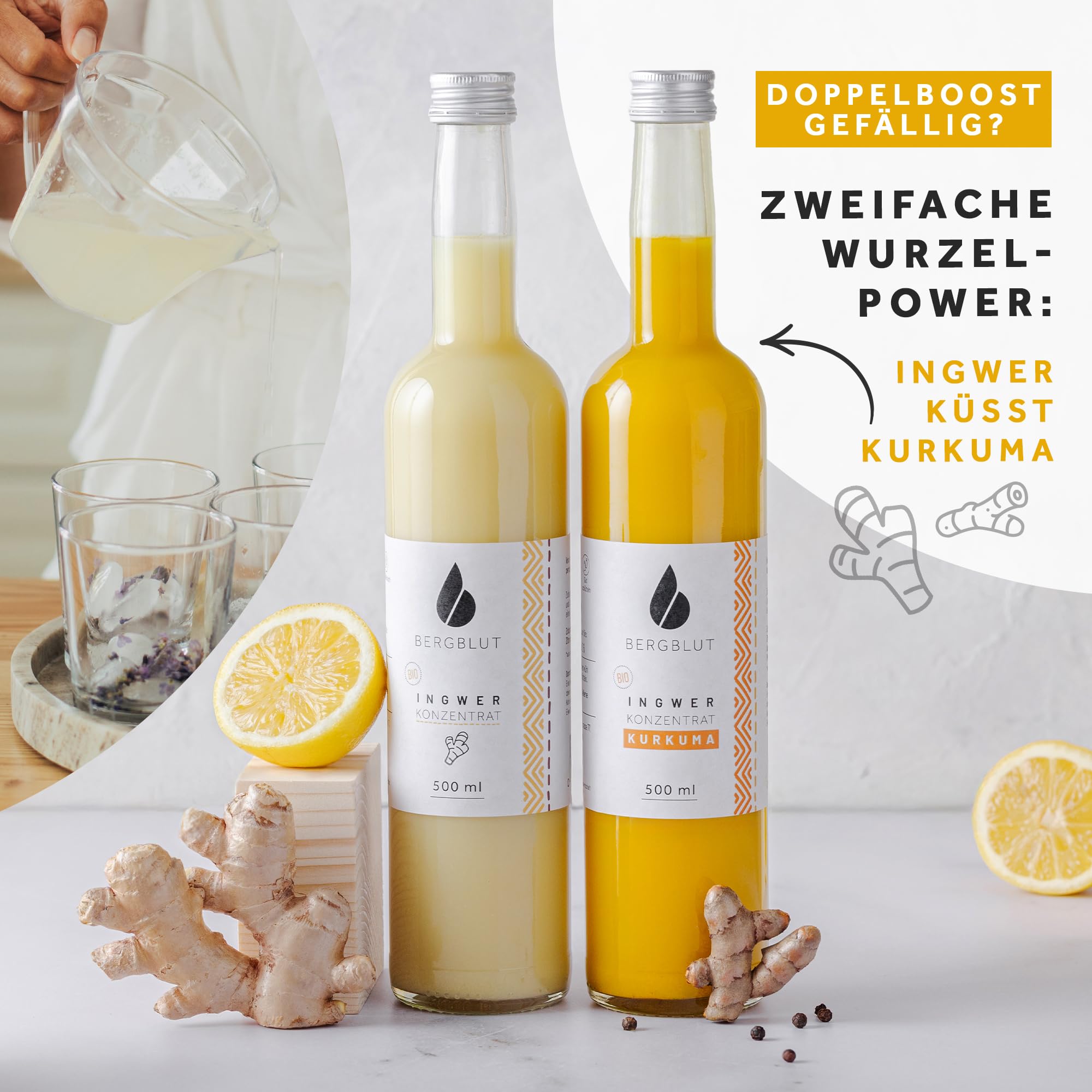 Bergblut Bio Ingwer Konzentrat – 500 ml Ingwerkonzentrat ohne Stücke mit Bio Zitronen & Limettensaft | Geeignet als scharfe Würze, Limonade & Ingwer Shot | Vegan & ohne Zucker oder Zusätze