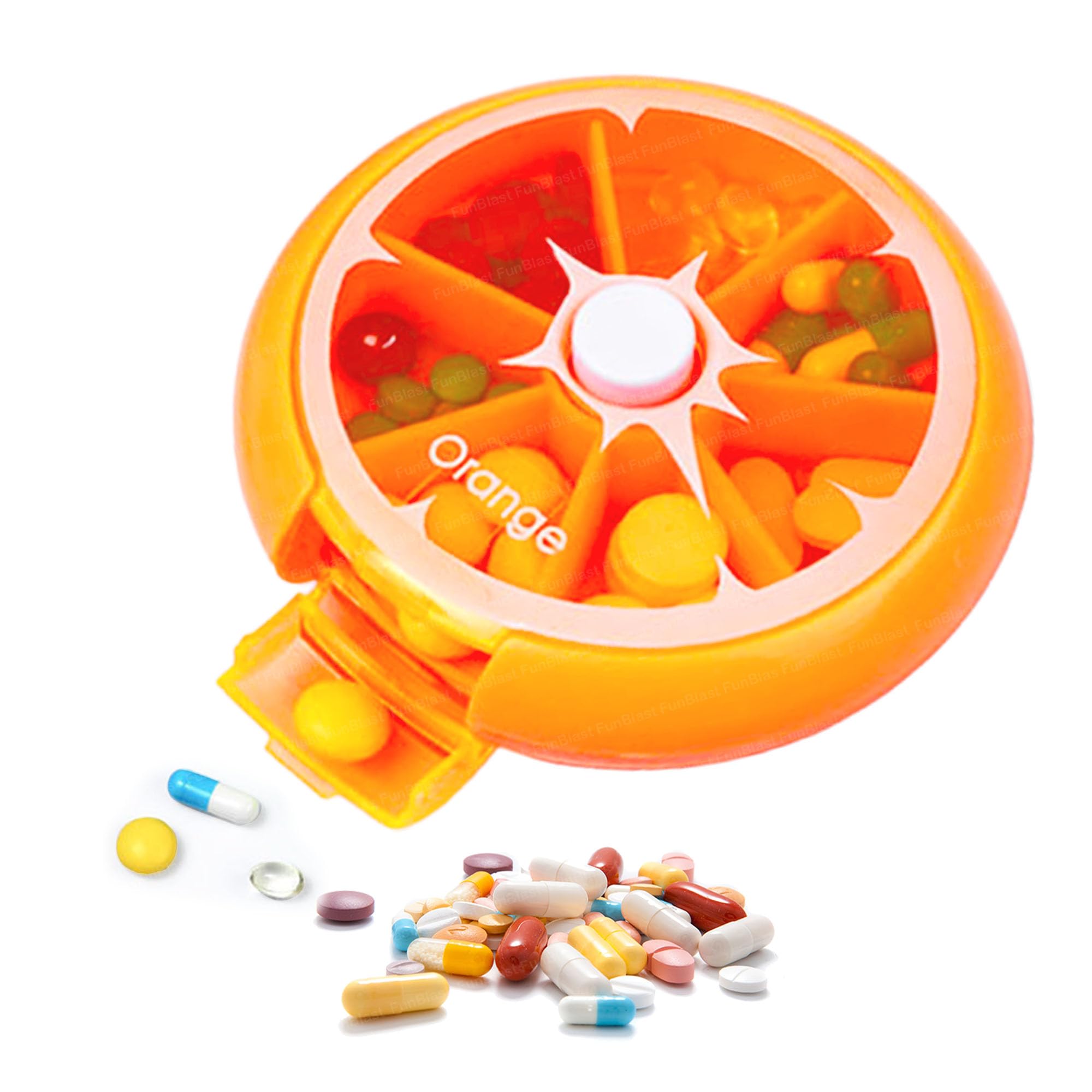 FunBlast Medicine Organizer - Fruit Theme Pill Box With 7 Days Rotating Compartments, Portable Case for Pills & Supplements (Orange)-picture-45