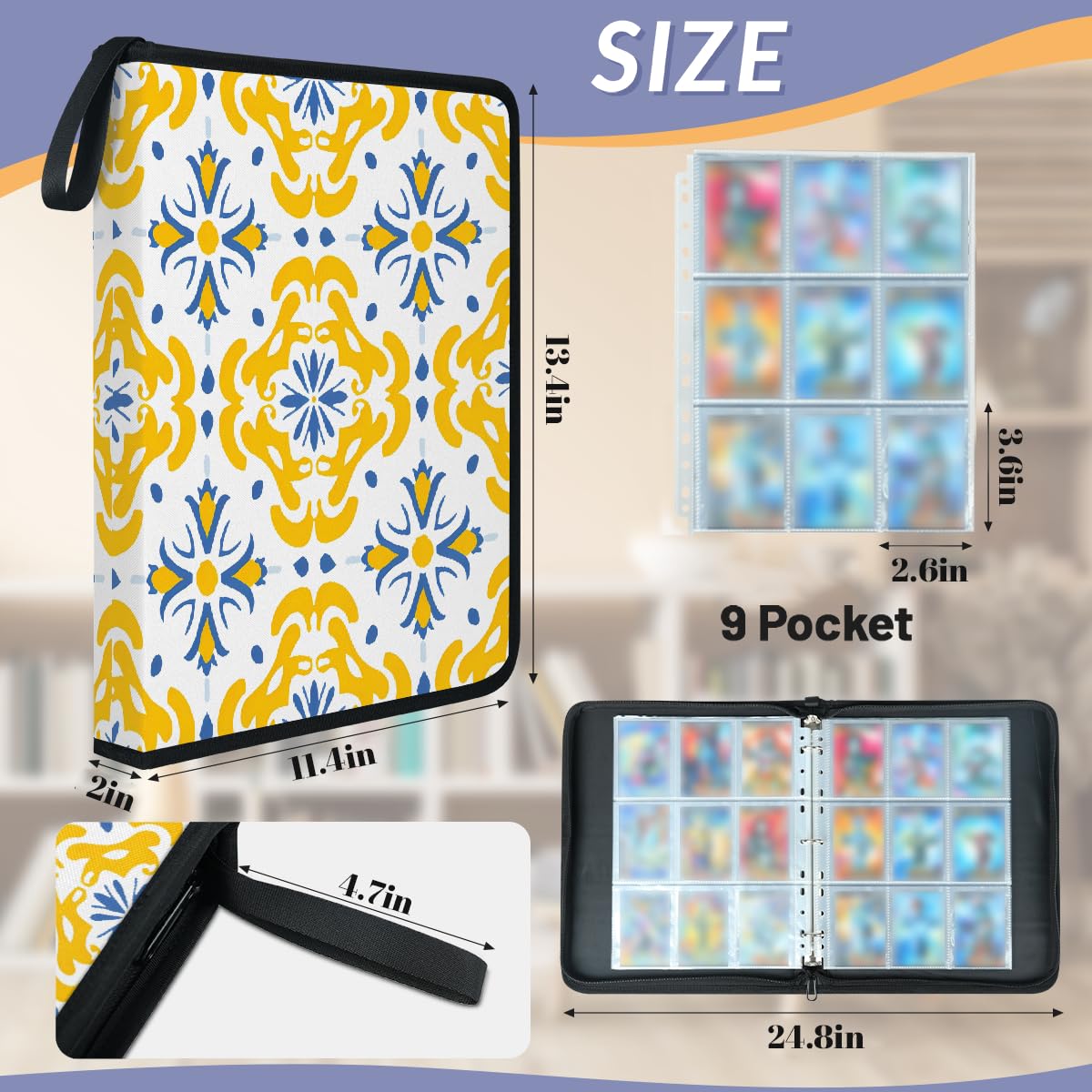Classeur à 9 poches, 900 cartes avec fermeture éclair pour cartes standard, motif marocain, jaune, bleu, pour jeux de collection, sports