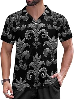 Black Grey Fleur De Lis Flowers Men's Collared Golf Polo Shirts Short Sleeve Button Shirt Casual Athletic Tee Top