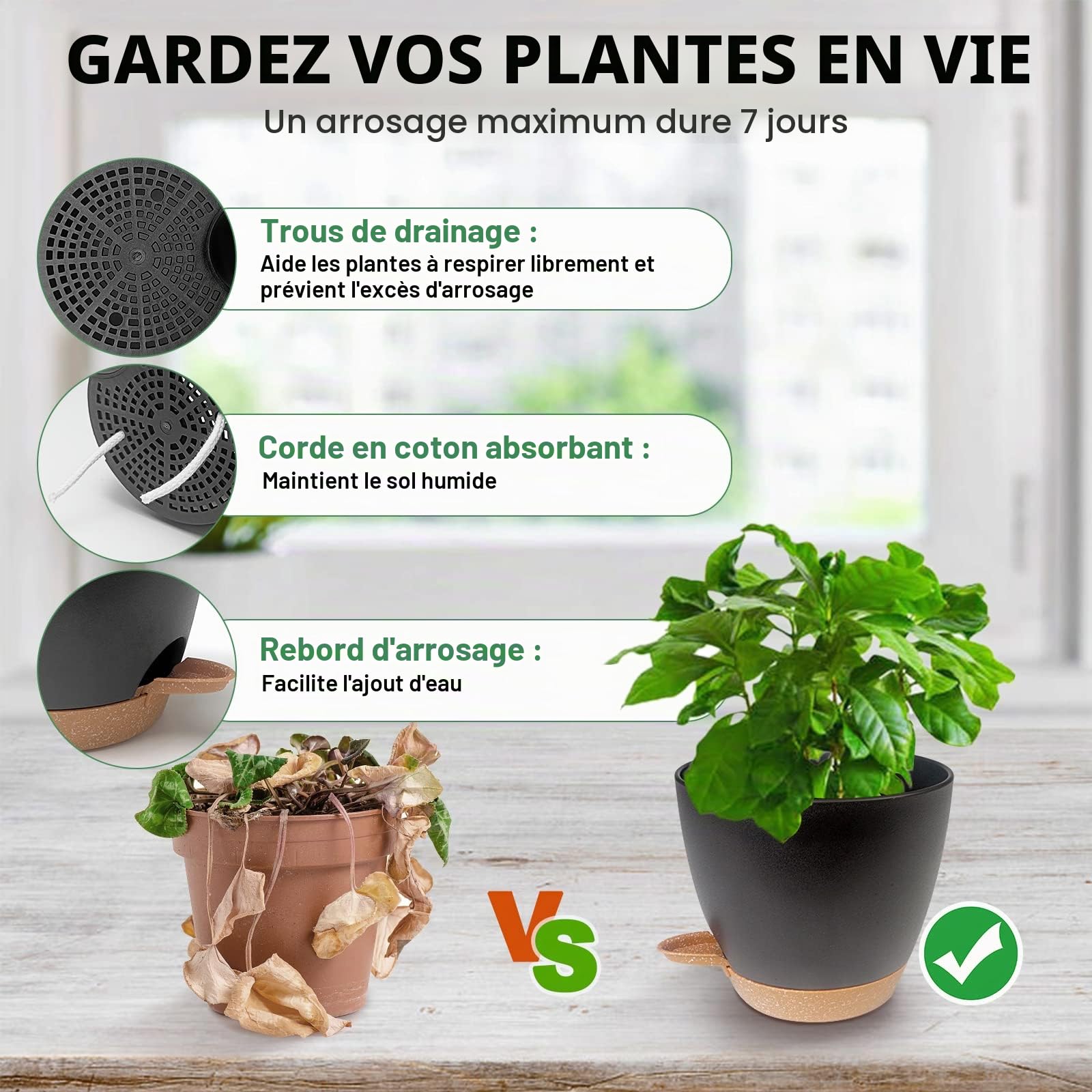 Idealife 5 Pcs Pots de Fleurs en Plastique, 17.8/16.5/15.2/13.9/12.7cm Pots à Fleurs/Plantes en Plastique, Auto-Arrosant avec Soucoupe de Fleur Convient aux Jardins de Balcon Intérieurs(Noir Marron)