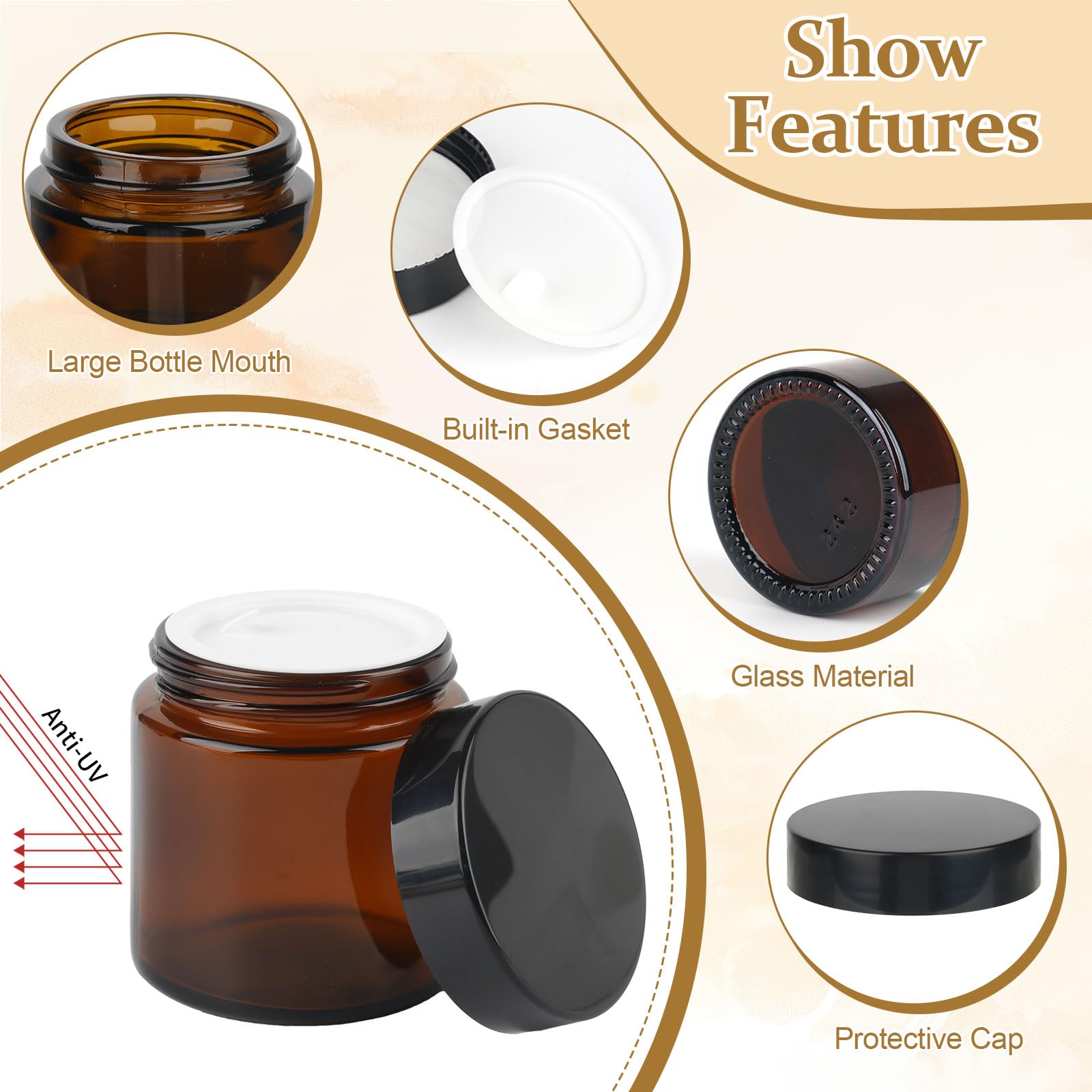 100ml Amber Glass Jars, 2 Pcs Empty Cosmetic Jars with Lids und Inner Liners - Image 3