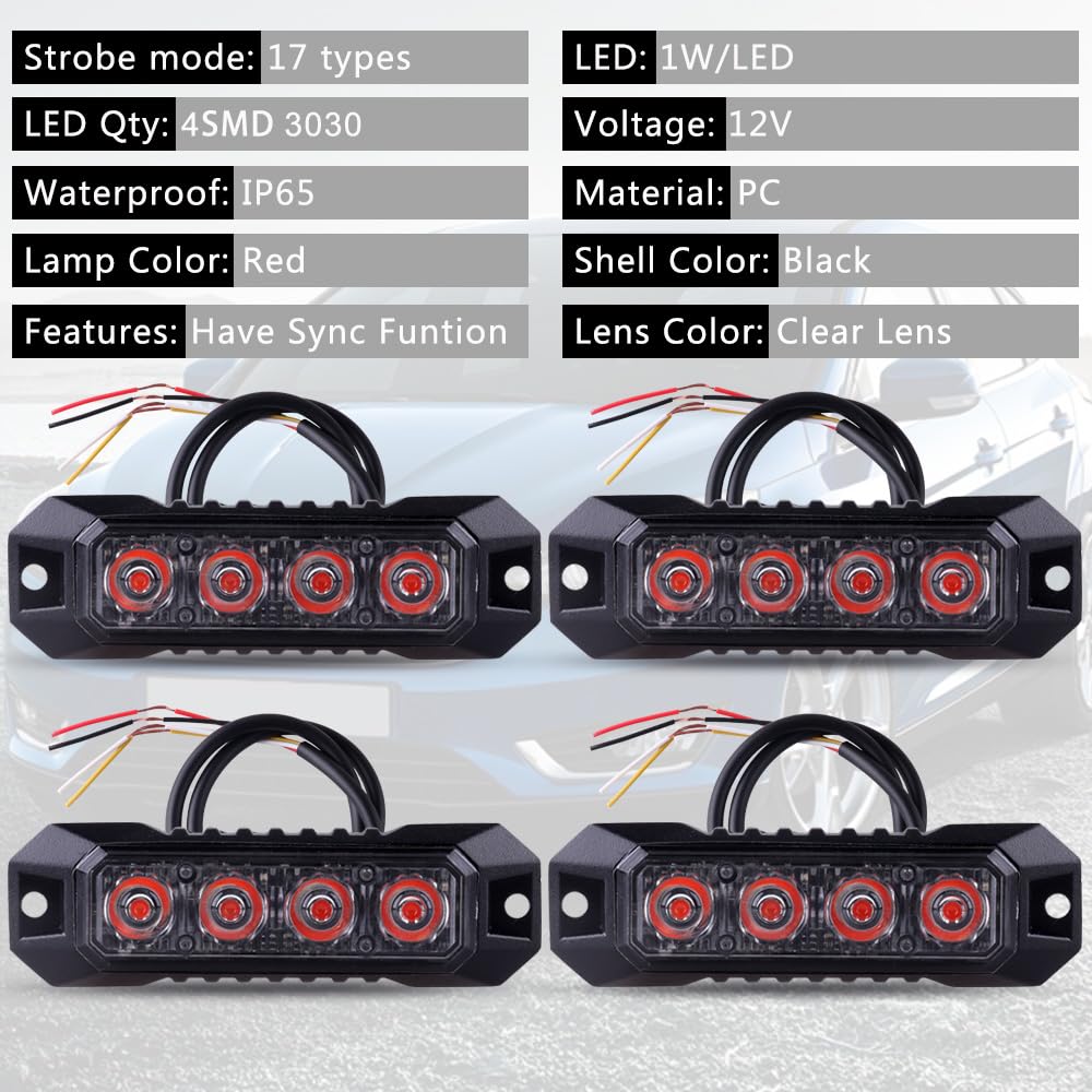 Nrgedzam 4pcs 4-LED Red Mini Strobe Light, Surface Mount Emergency Safety Beacon Warning Light Grill Grille Side Marker Red Flashing Strobe Light for Trucks VehiclesTractor Car, Sync Feature