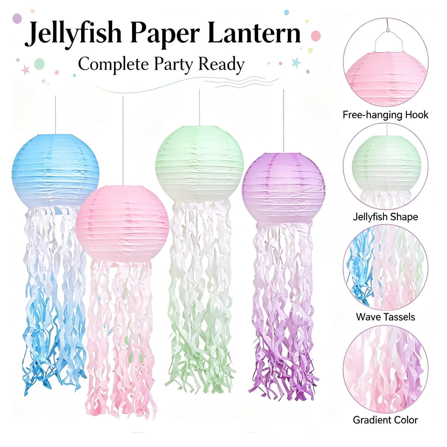 8 sztuk papierowych lampionów z meduzy, gradientowe lampiony, dekoracja na imprezę | Papierowe lampiony z meduzami z delikatnym gradientem na ocean motyw urodziny impreza syrenka impreza ogród wesele