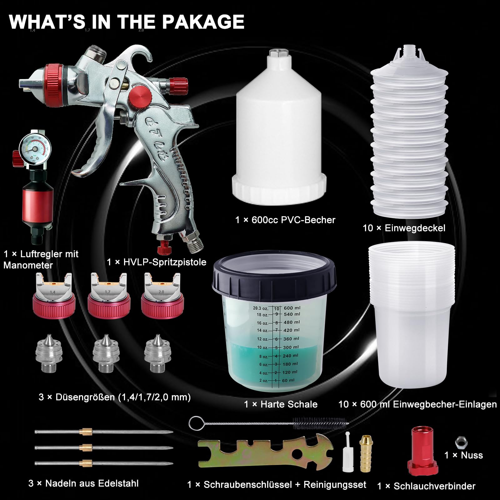 HVLP Pistolet à Peinture Professionnel avec 3 Buses de 1,4 mm, 1,7 mm, 2,0 mm, avec gobelet en Plastique de 600 ML, 10 gobelets jetables de 600 ML, Pistolet (Rouge)