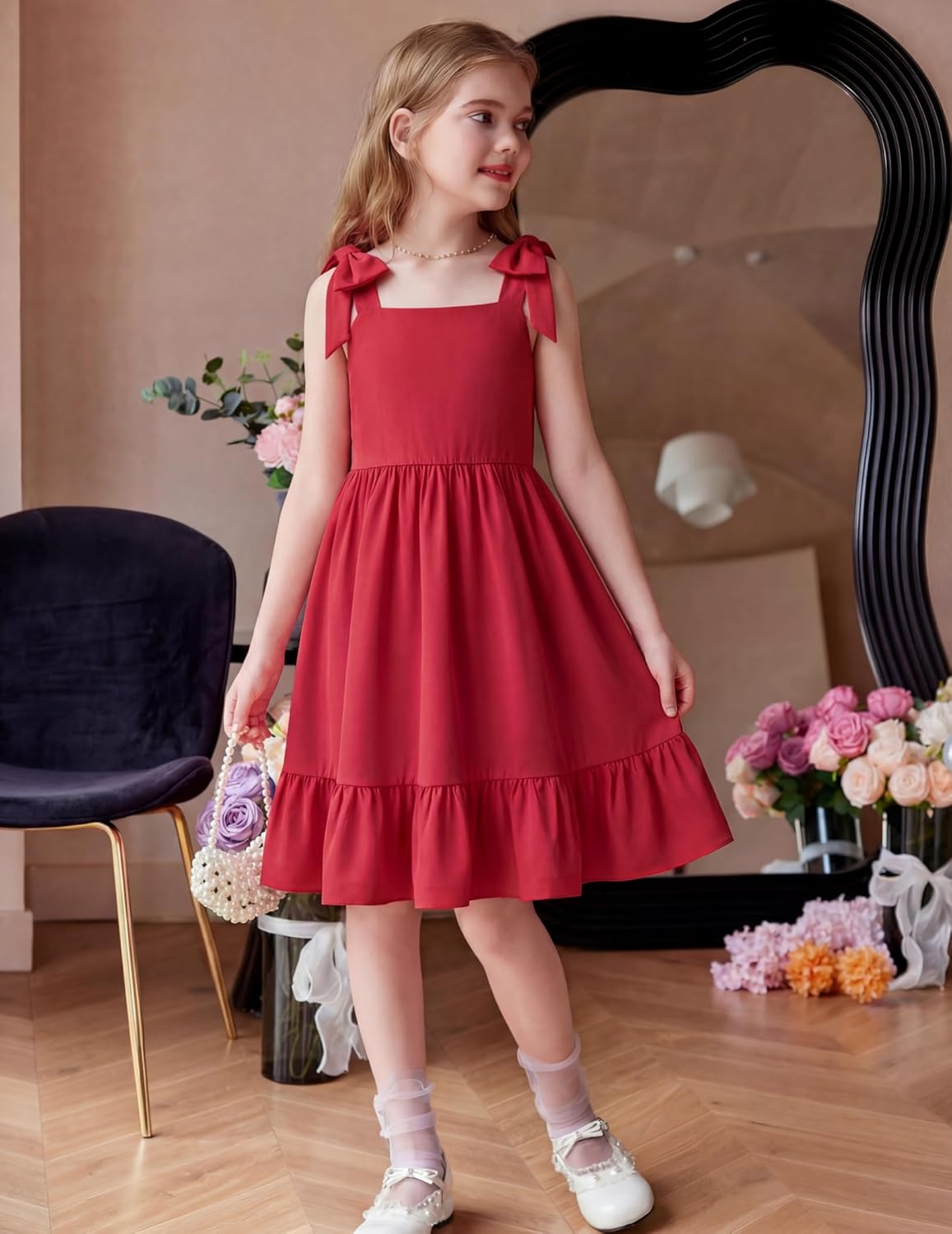 Arshiner Girls Summer Dress Bowknot Strap Casual Sleeveless Tiered Sundress with Pockets 6-14 Years - Image 5