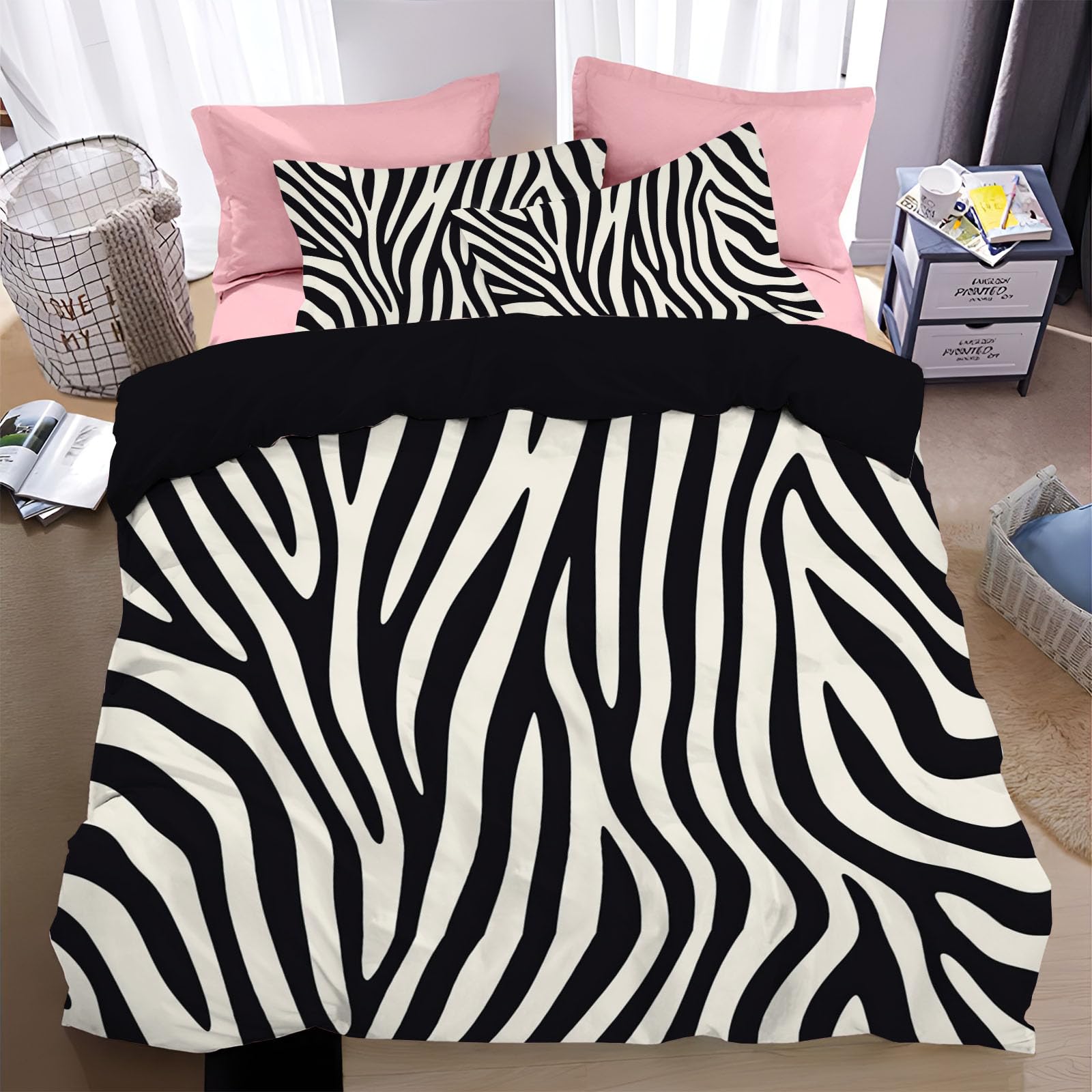 Juego de Ropa de Cama de 3 Piezas,Microfibra Rayas de Cebra y Sencillo Cebra de Animales Salvajes Juego de Fundas Edredón con 1 Funda Nórdica + 2 Funda de Almohada (Negro,Cama 135/150,220×240CM)
