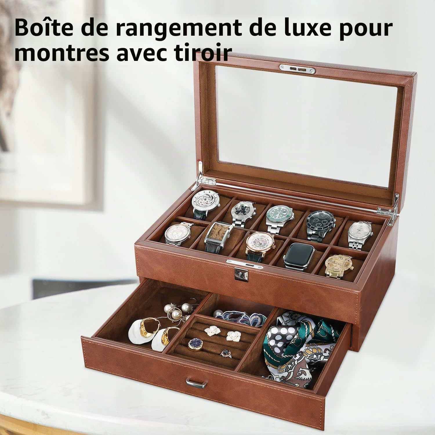 Boîte à montres en cuir avec tiroir - 10 emplacements verrouillables - Support de montres pour homme - Étui de luxe pour montres - Organiseur à 2 niveaux