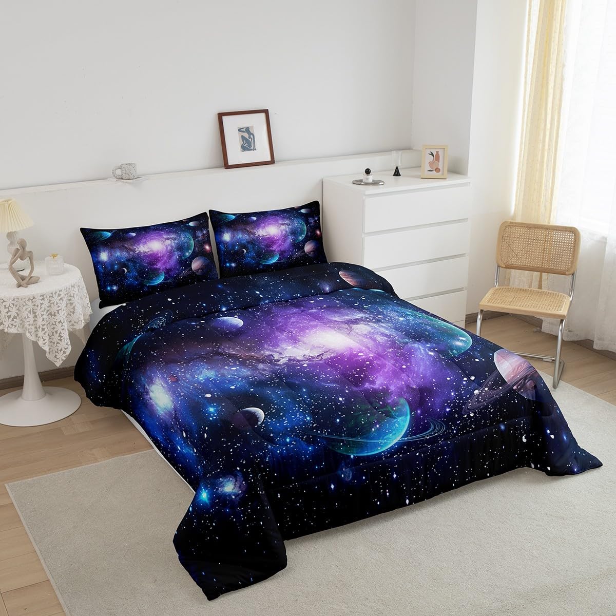 Galaxy Comforter Outer Space Kids Bedding Set 3D Printed Space Comforter Set for Boys Room Decor Space Outer Sky Lightweight Quilt Set Full Size with 2 Pillow Case