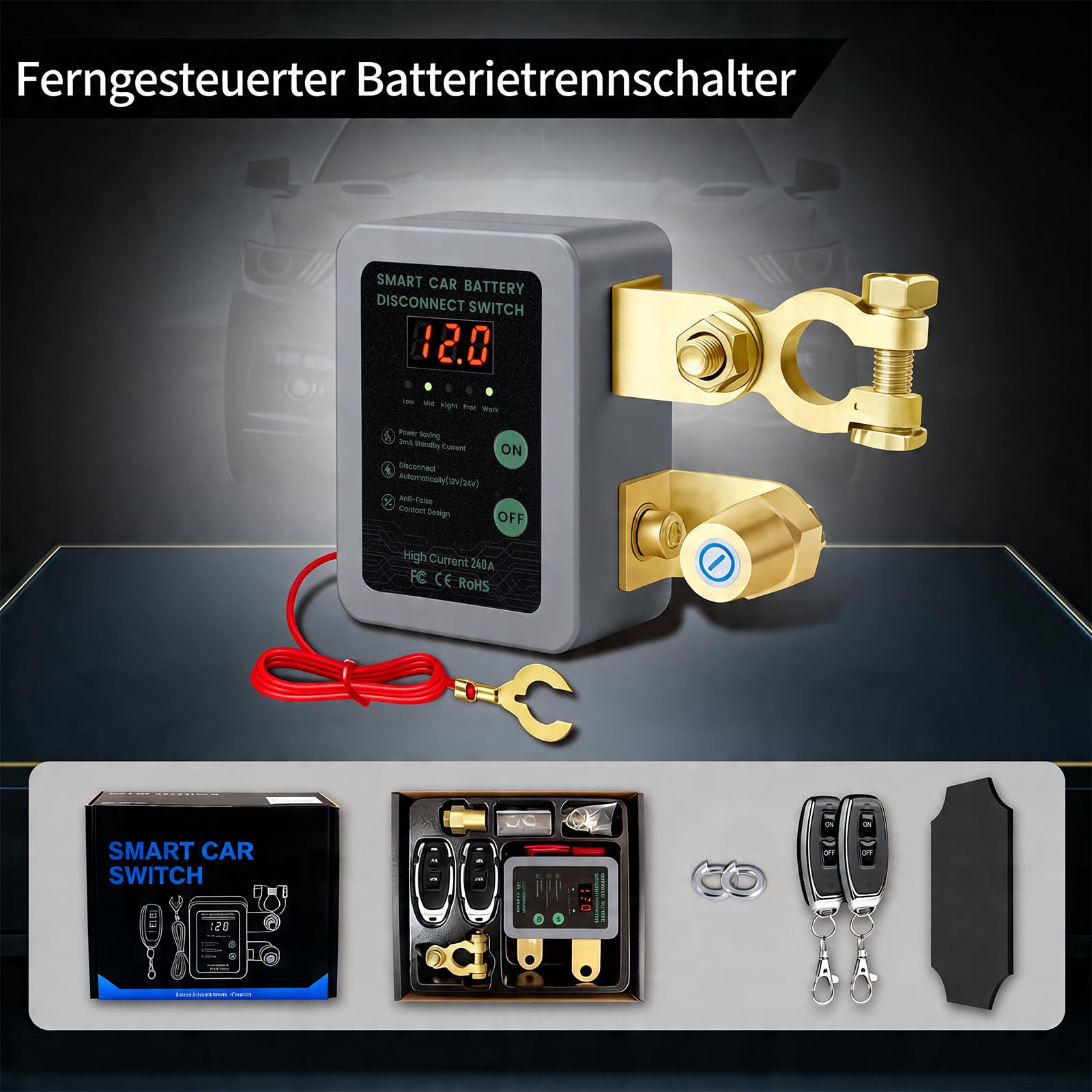 Smart Drahtloser Ferngesteuerter Auto Trennschalter, 12V Batterie Trennschalter 240A, Batterie Kill Switch Anti-Diebstahl mit LED-Anzeige automatische Abschaltung Schalter für Auto, RV, ATV, LKW, Boot