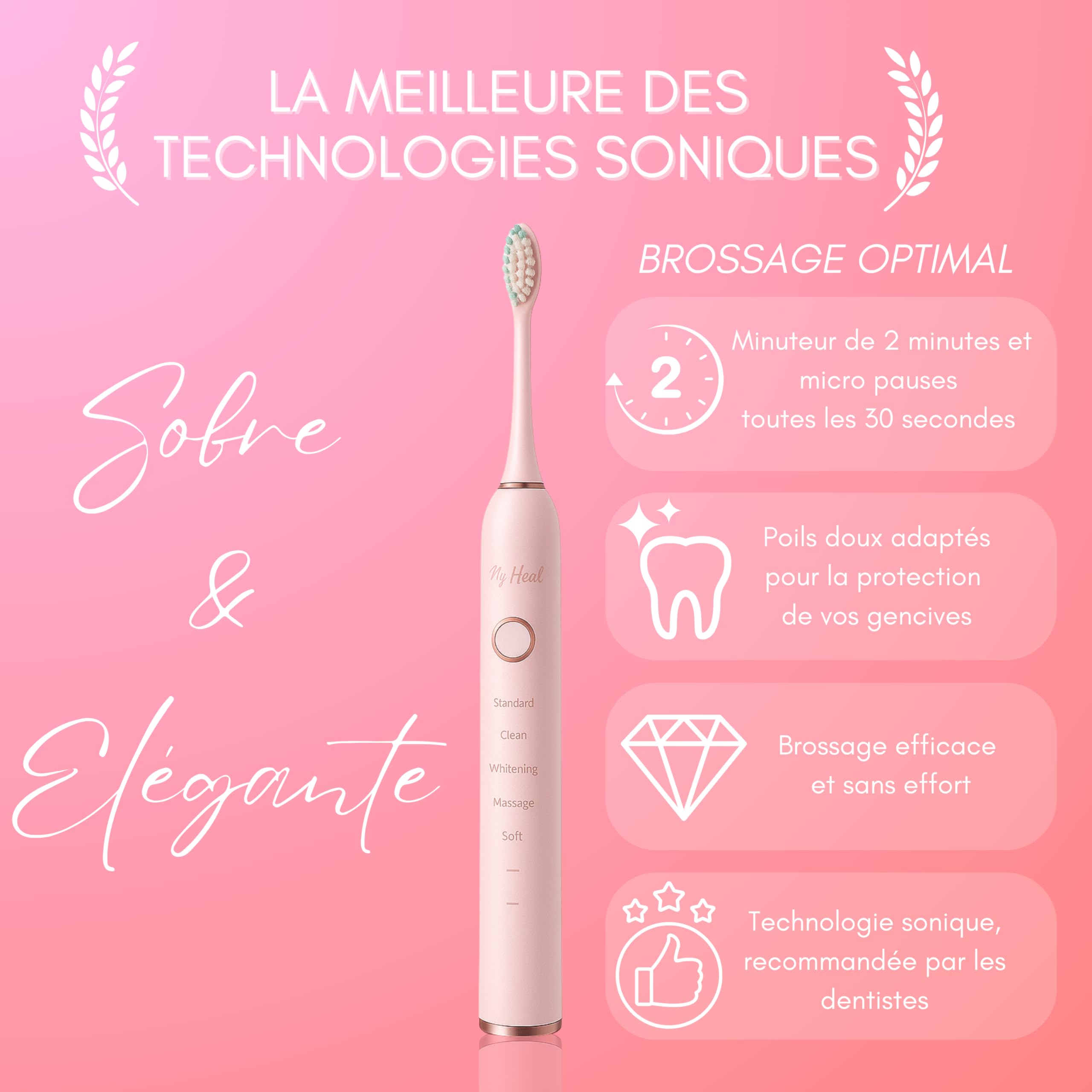 * MY HEAL* | Spazzolino da denti elettrico sonico | 3 mesi di autonomia | 5 modalità di spazzolatura con timer da 2 min integrato | Ricaricabile USB | Confezione 1 Spazzolino a dente e 2 testine di