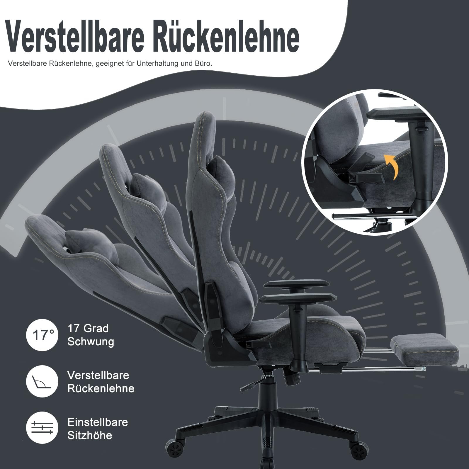 Gaming Stuhl, Atmungsaktiver Bürostuhl Ergonomisch aus Hochwertigem Stoff, PC-Stuhl mit Massage Lendenstütze, Verstellbarer und Drehbarer Schreibtischstuhl mit Fußstütze, Grau