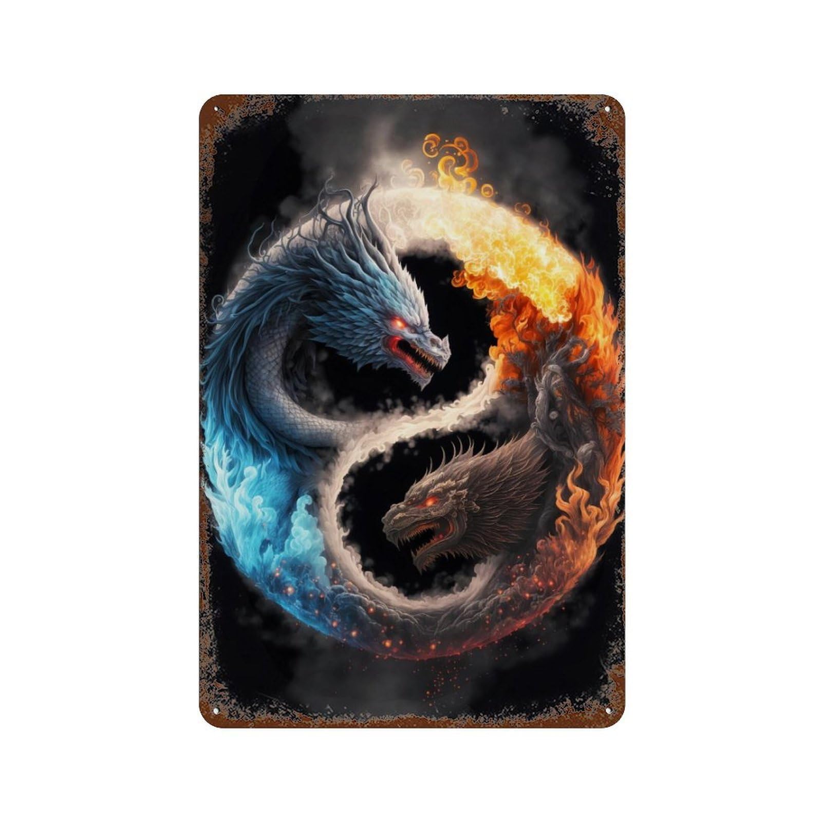 Yin Yang Dragons Art Print 11.8"x7.9" Retro Metal Sign, Vintage Wall Decor for Garage, Bar And Workshop Decor