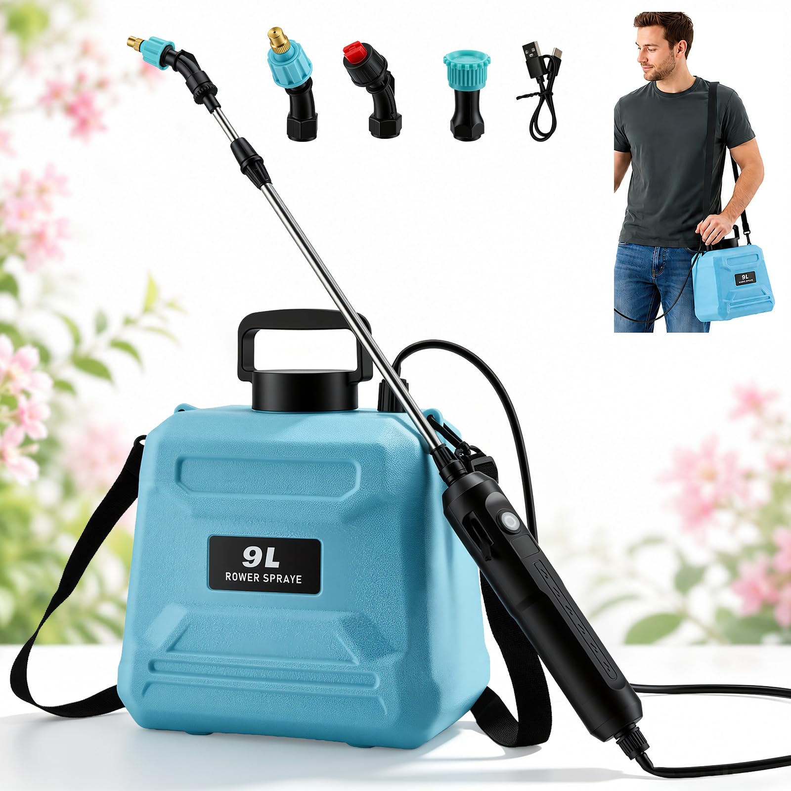Pulvérisateur à pression électrique, pulvérisateur à pression sans fil de 9 litres avec batterie rechargeable USB, 3 buses de pulvérisation, lance de pulvérisation extensible et bandoulière