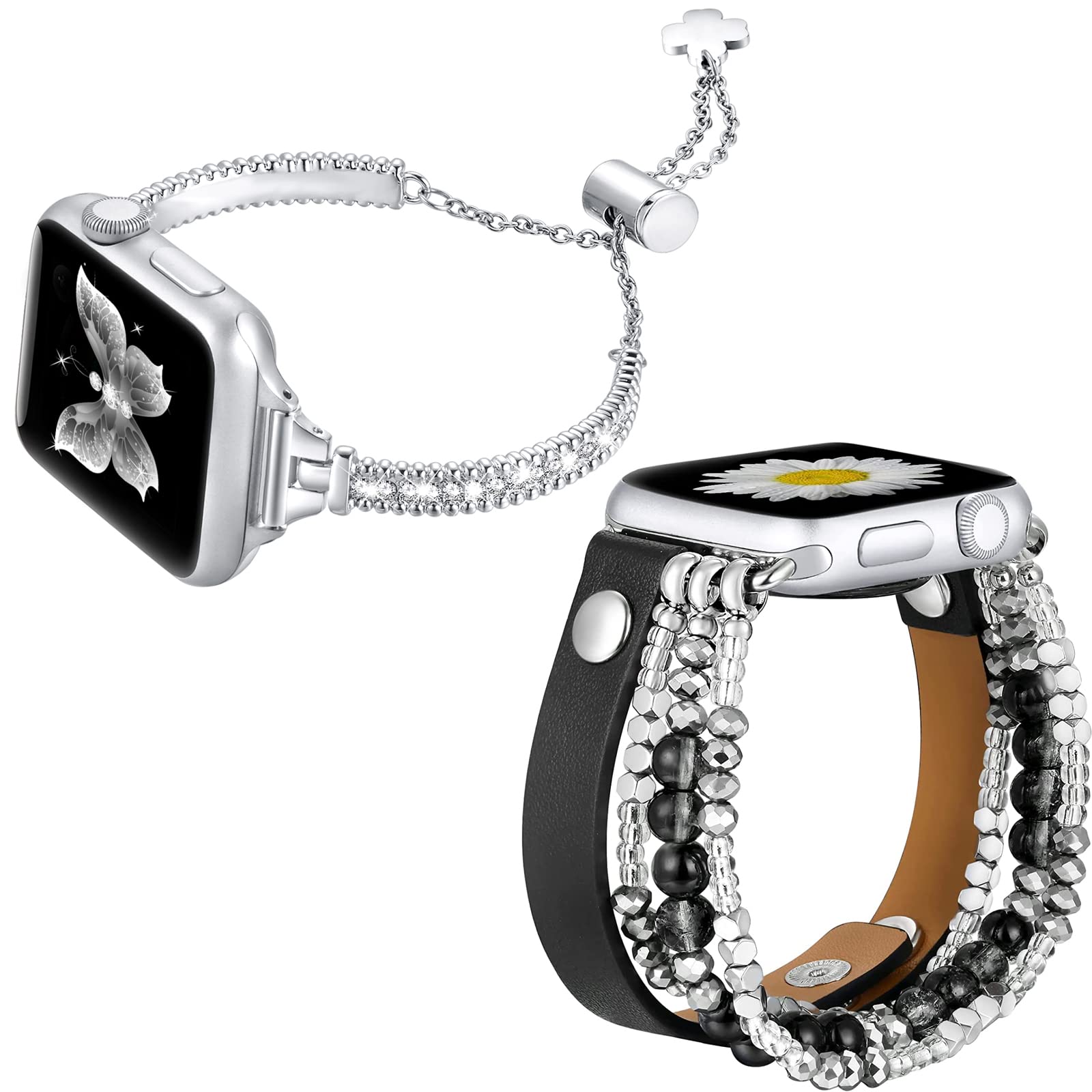 fastgoLeather Leopard Band and Bling Bracelet Band Compatible with Apple watch 38mm 40mm 41mm 44mm 42mm 45mm 49mm Women Girls, Elastic Cheetah Printed Beaded Band and Diamond Bracelet for Iwatch Seri