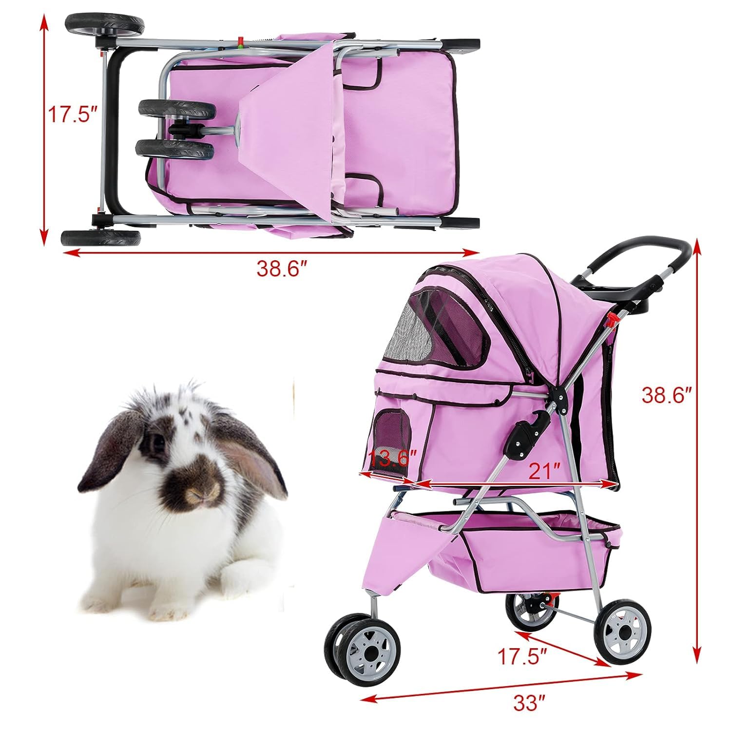 Pet Stroller for Small Dogs & Cats Doggy Puppy Cat Strollers 30 lbs Animal Jogger Folding with 360 Rotating Front Wheel Travel Carriages Cart, 34(L)* 17.5(W)*39(H) inches, Pink
