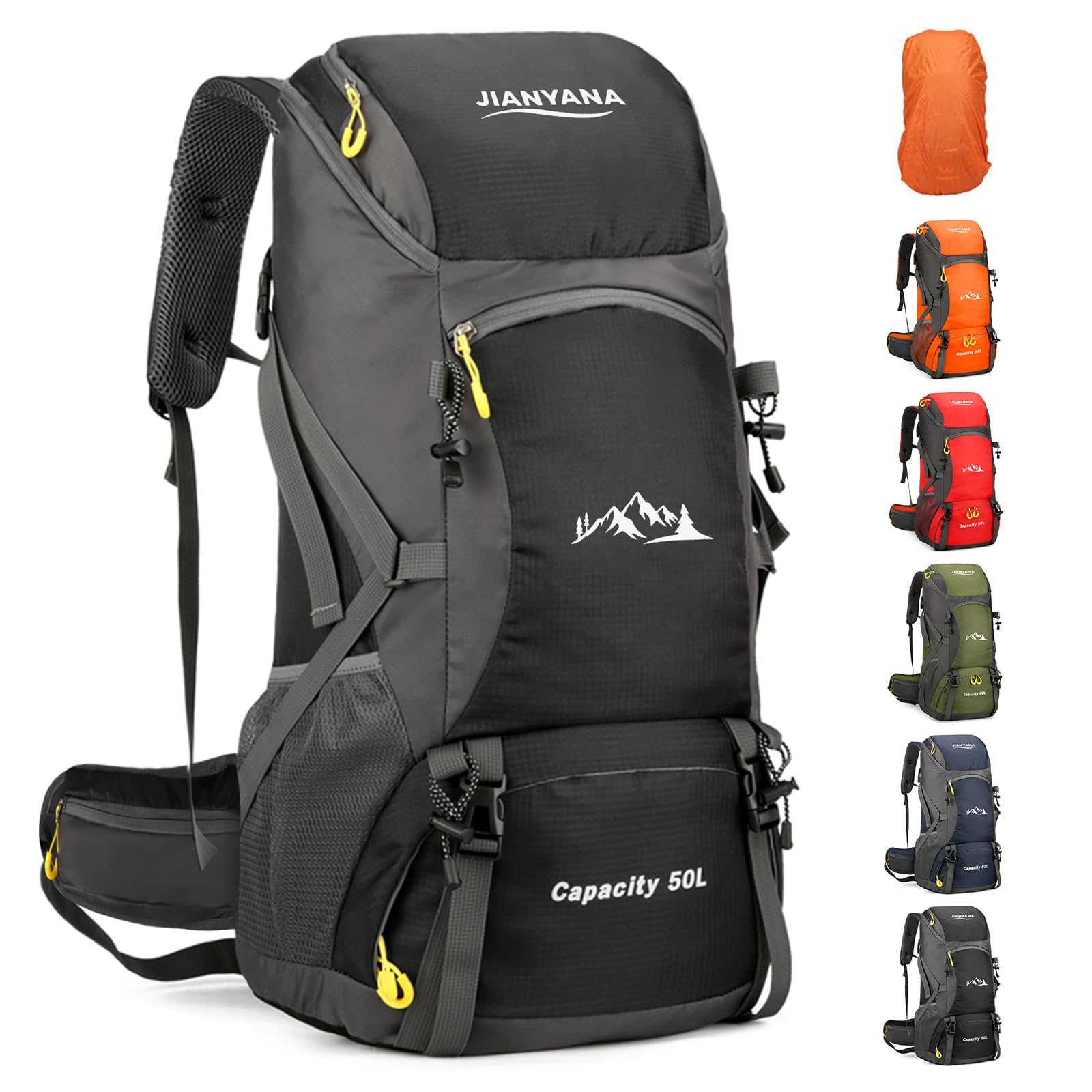 jianyana Hiking Backpack Waterproof 50L Foldable Rucksack Durable Lightweight Camping Bag with Rain Cover for Camping Trekking Hiking Walking Cycling Climbing Outdoor Sports for Women Men(Black)
