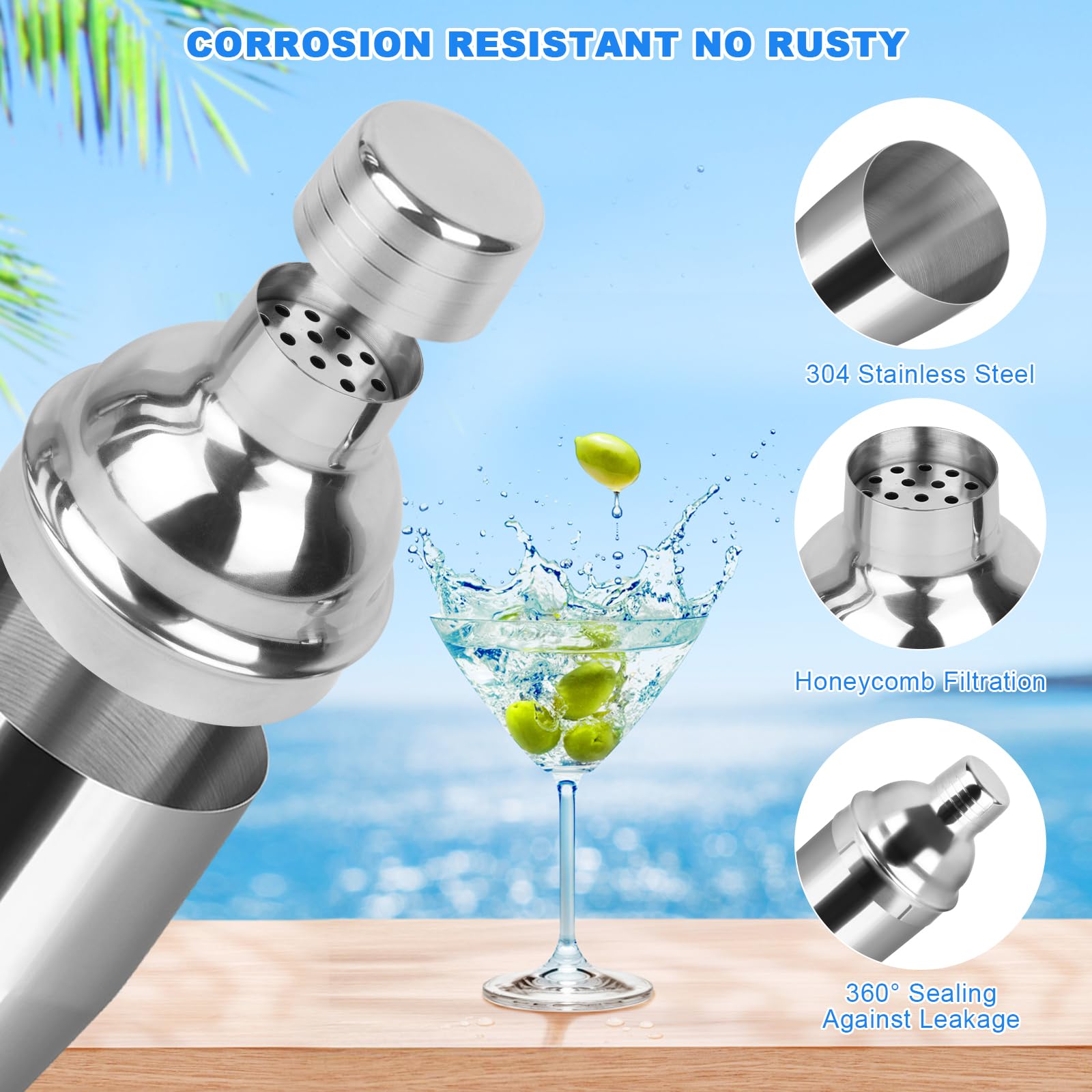 750ML Coctelera, 5 Piezas Juego de Cocktail Shaker INOX, coctelera Profesional Herramientas con Medidor, Cuchara, para Mezclar Bebidas, Hogar, Barra, Fiestas (Plata)
