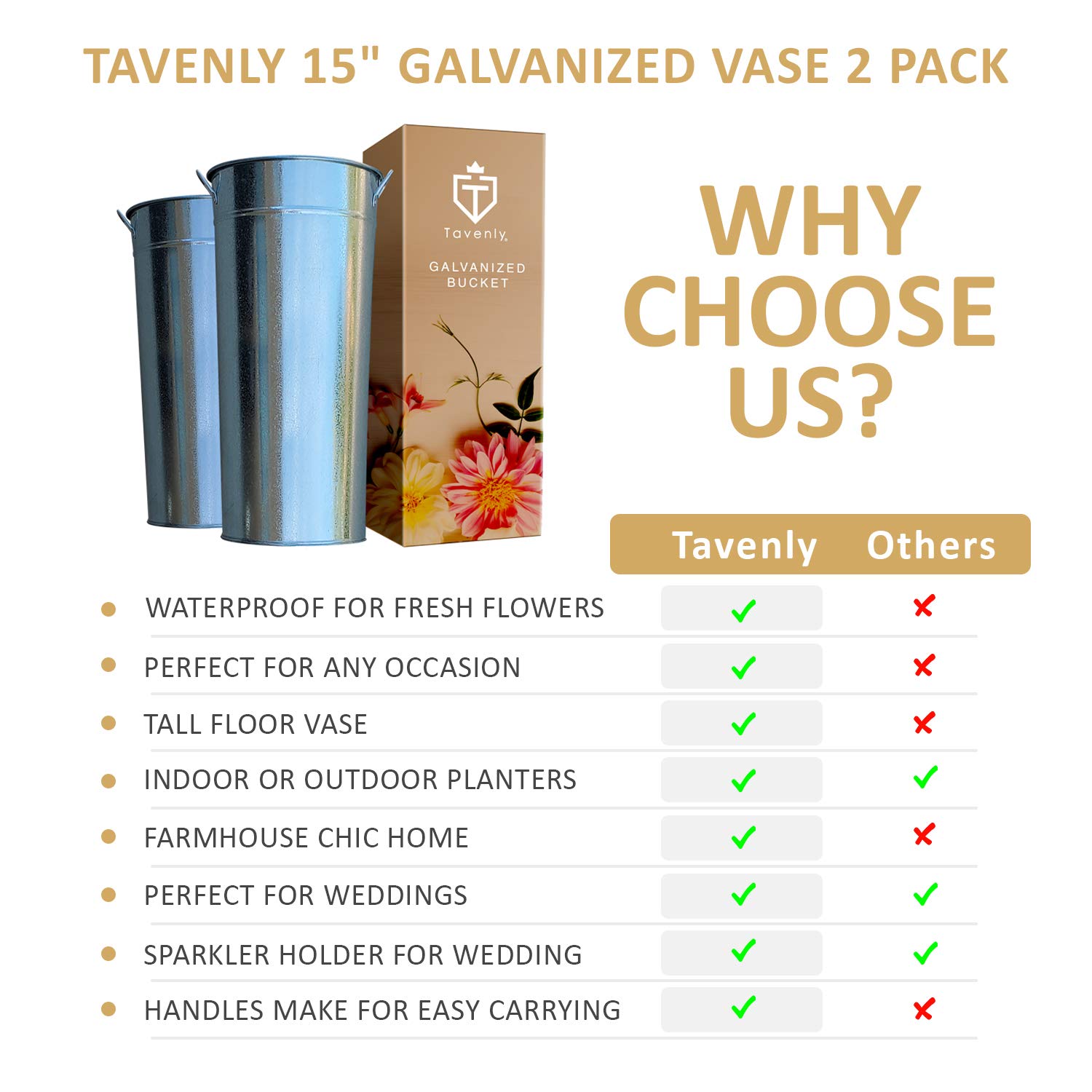 Buy Tavenly 15" Galvanized Vase 2 Pack of Sparkler Bucket Tall Vases